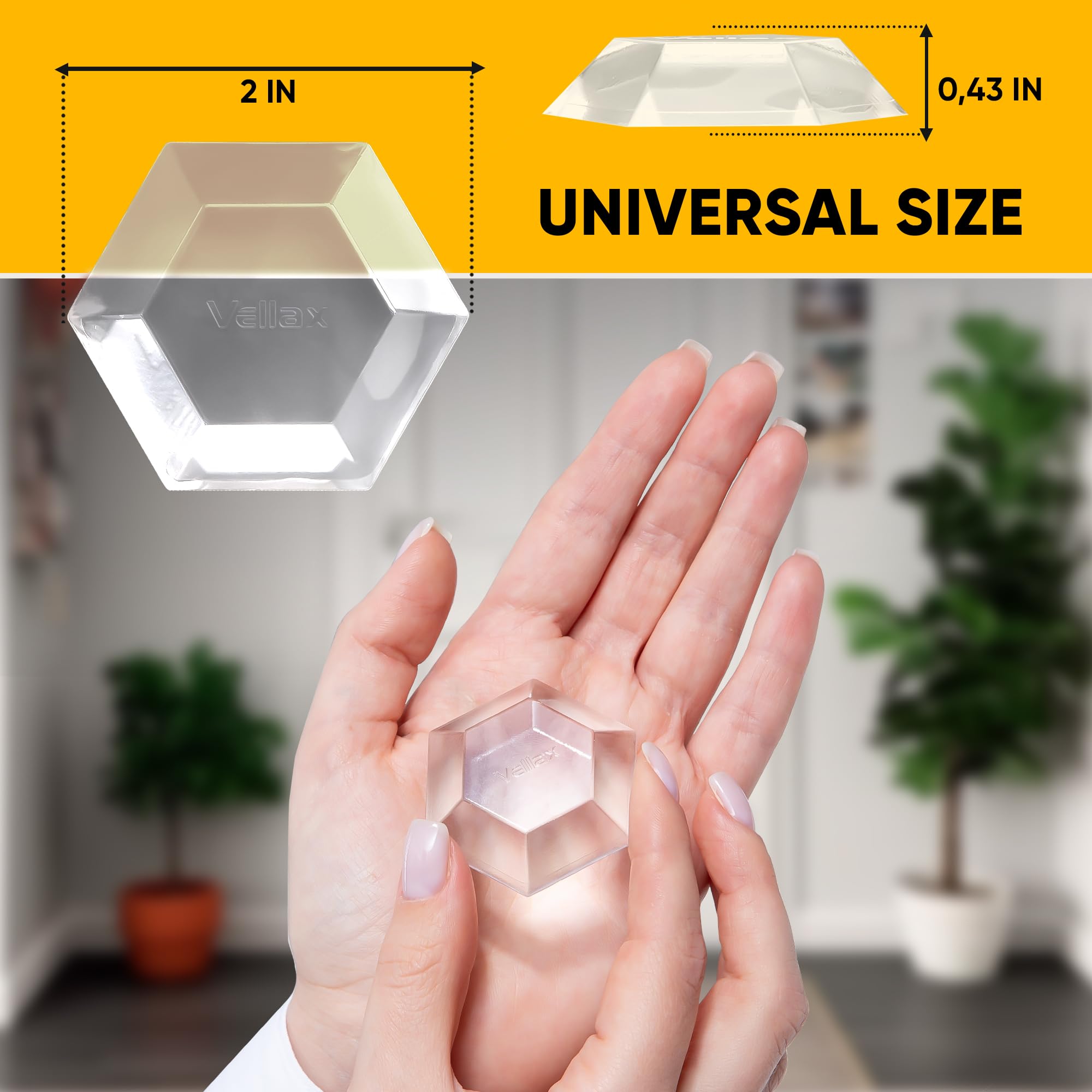 Large 2" Door Knob Wall Protectors โ 4 Clear Self-Adhesive Silicone Bumper Pads in Modern Hex Shape โ Noise Dampening Wall & Furniture Guards by VELLAX