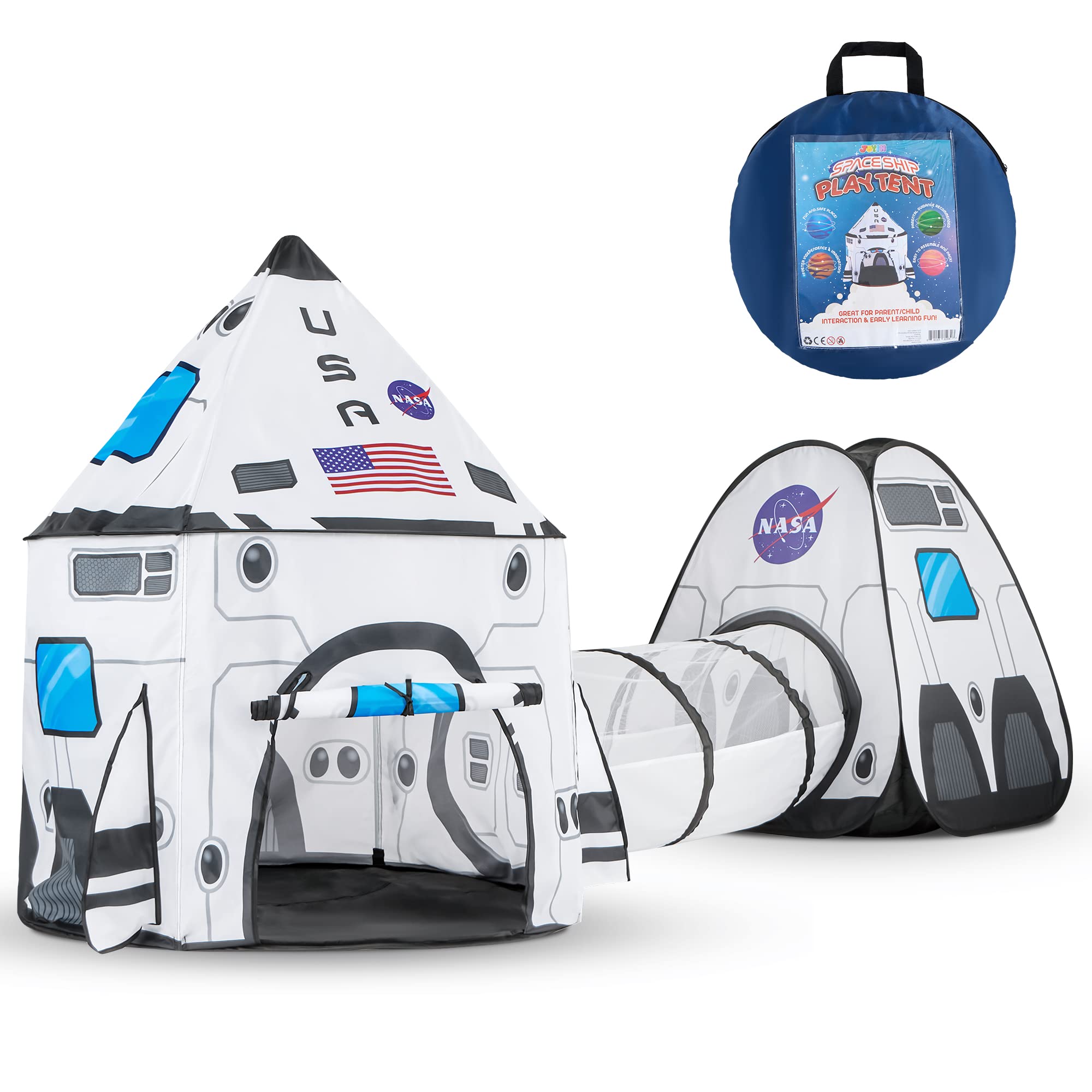 JOYIN White Rocket Ship Pop up Play Tent with Tunnel and Playhouse Kids Indoor Outdoor Spaceship Tent Set