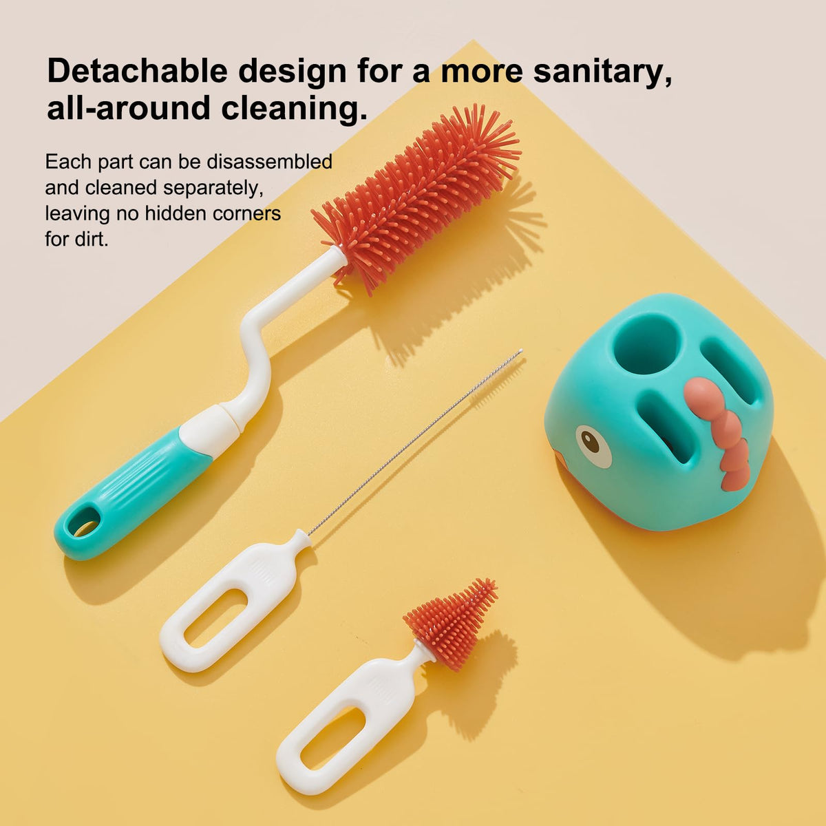 Rabbit Baba Silicone 4-in-1 Baby Bottle Brush Set,Nipple Brush, Bottle Brush, Straw Brush, Safe and Durable, Easy to Clean and Dry,4 Count,Cleaning Set,Uniform Storage Base,Draining Base (yellow Base)