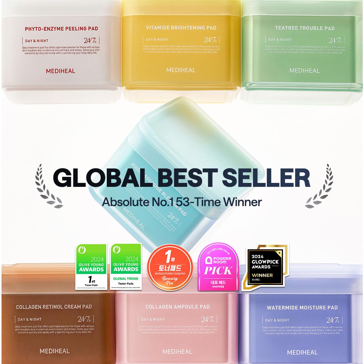 MEDIHEAL Collagen Ampoule Facial Toner Pads - Collagen & Ceramide - Skin Firming & Restore Elasticity & Deep Hydration - Tighten Wrinkles & Lines - Vegan Eco Silk Fabric, 100 Pads