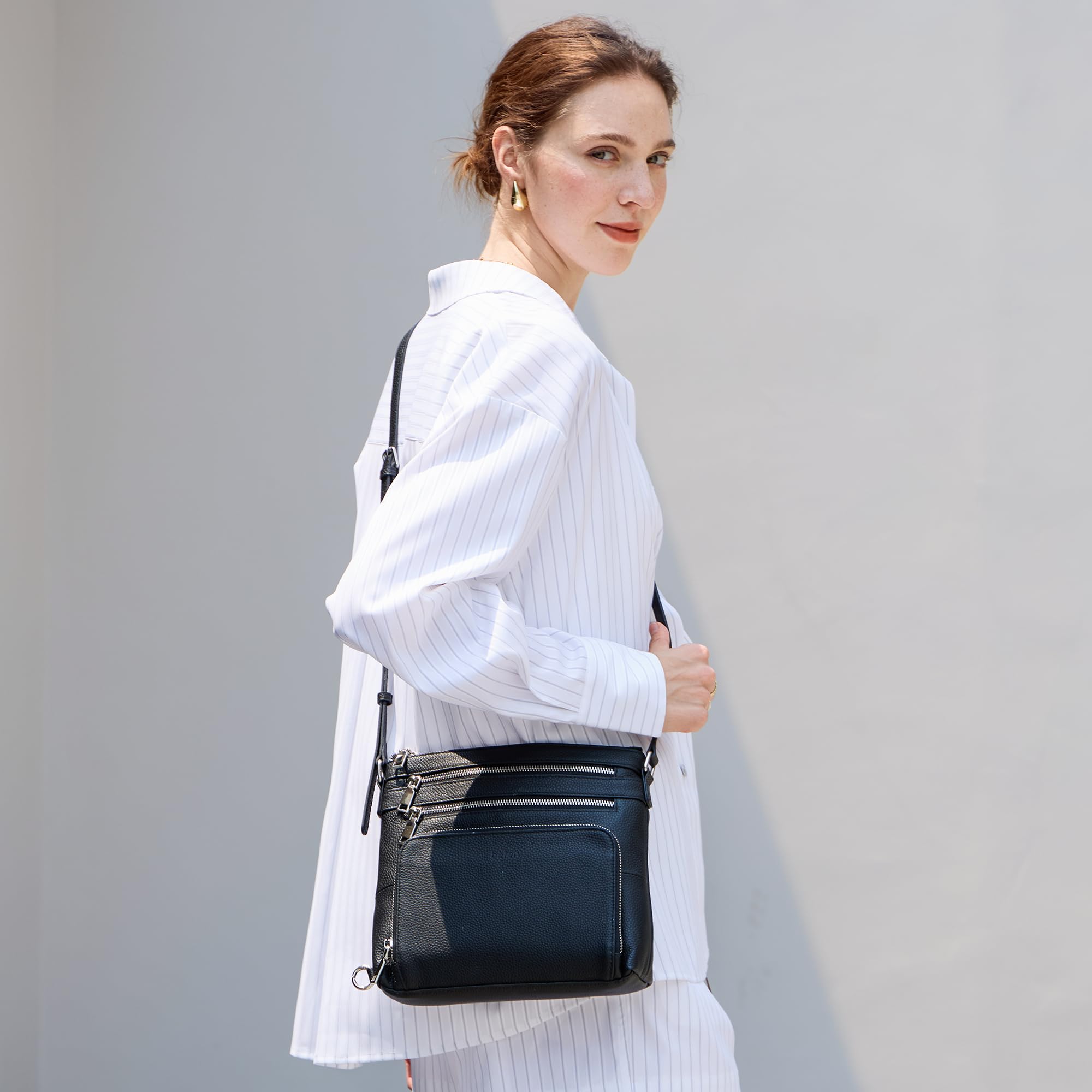 befen Black Genuine Leather Crossbody Purses for Women, Ladies Anti-Theft Medium Crossbody Shoulder Bags with Built in RFID Blocking Wallet