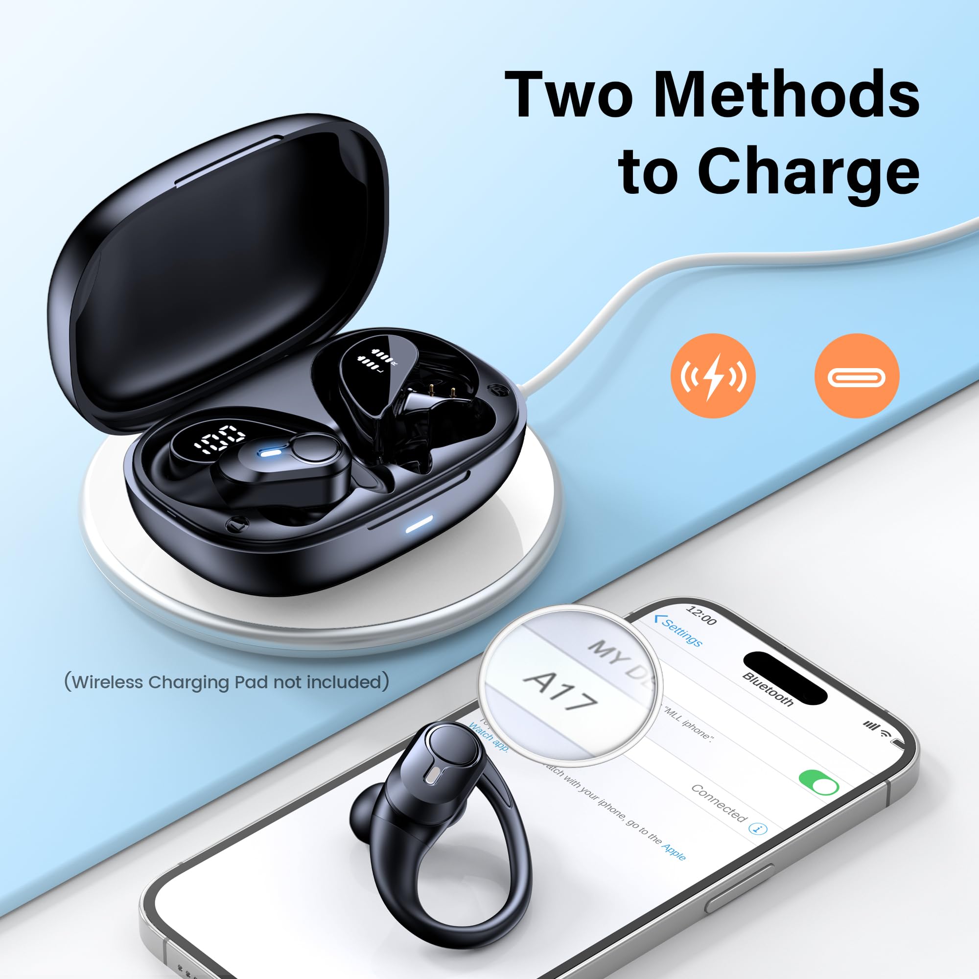 Wireless Earbuds Bluetooth Headphones Ear Buds 70H Playback Digital Display Wireless Charging Case Deep Bass Wireless Earphones Over Ear Sport Waterproof Bluetooth Headset for Workout Running Black