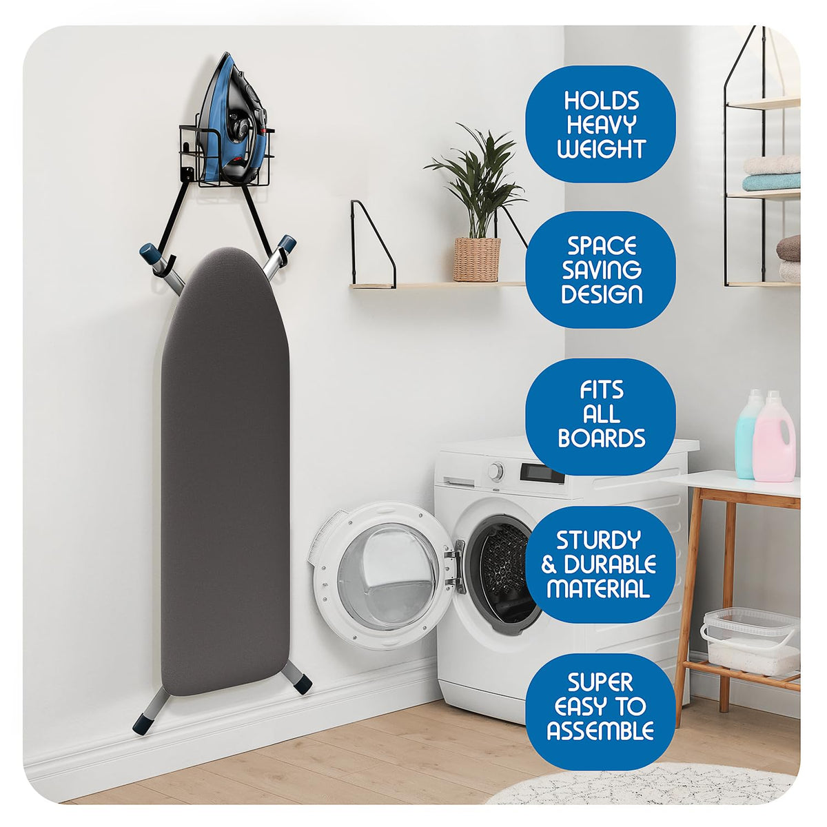 Set of 3 Ironing Board Holder Wall Mount & Over The Door Hanger, Laundry Room Ironing Board & Iron Hanger, Storage Caddy Iron Holder T&V Shaped Ironing Board Cover and Pad Set Full Size Iron Holder