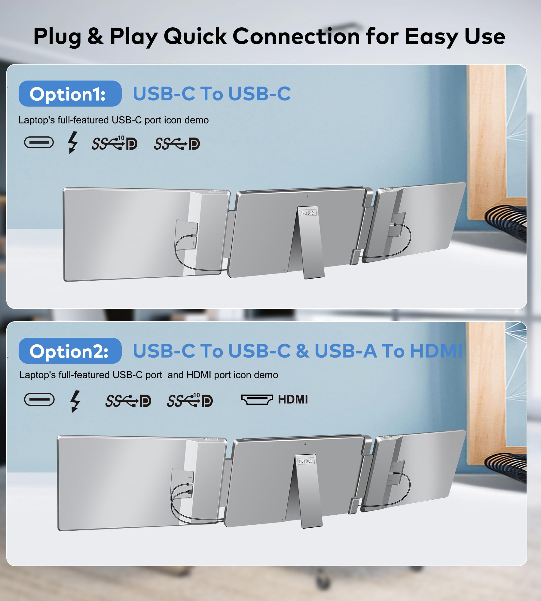 FOPO 14" Triple Monitor Laptop Screen Extender- FHD 1200P 16:10 Laptop Screen Extender, Left Screen 360° Flip Portable Monitor for 12-16.5" Laptops with HDMI/USB-C, Plug & Play - S7