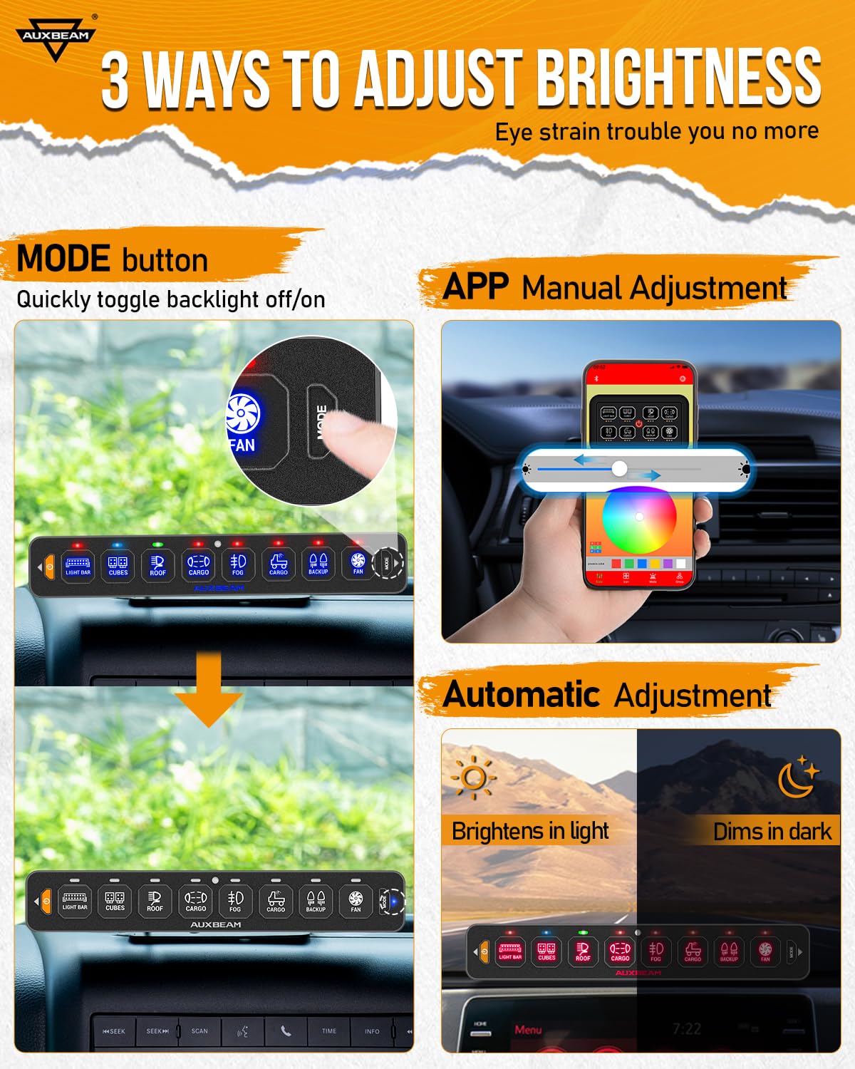 Auxbeam 8 Gang Slim Switch Panel Bluetooth RGB AS-800 with APP&Wireless Remote Control Toggle Momentary Pulsed Dimmable Switch Pod Backlit Off Panel Box for Offroad Truck Waterproof