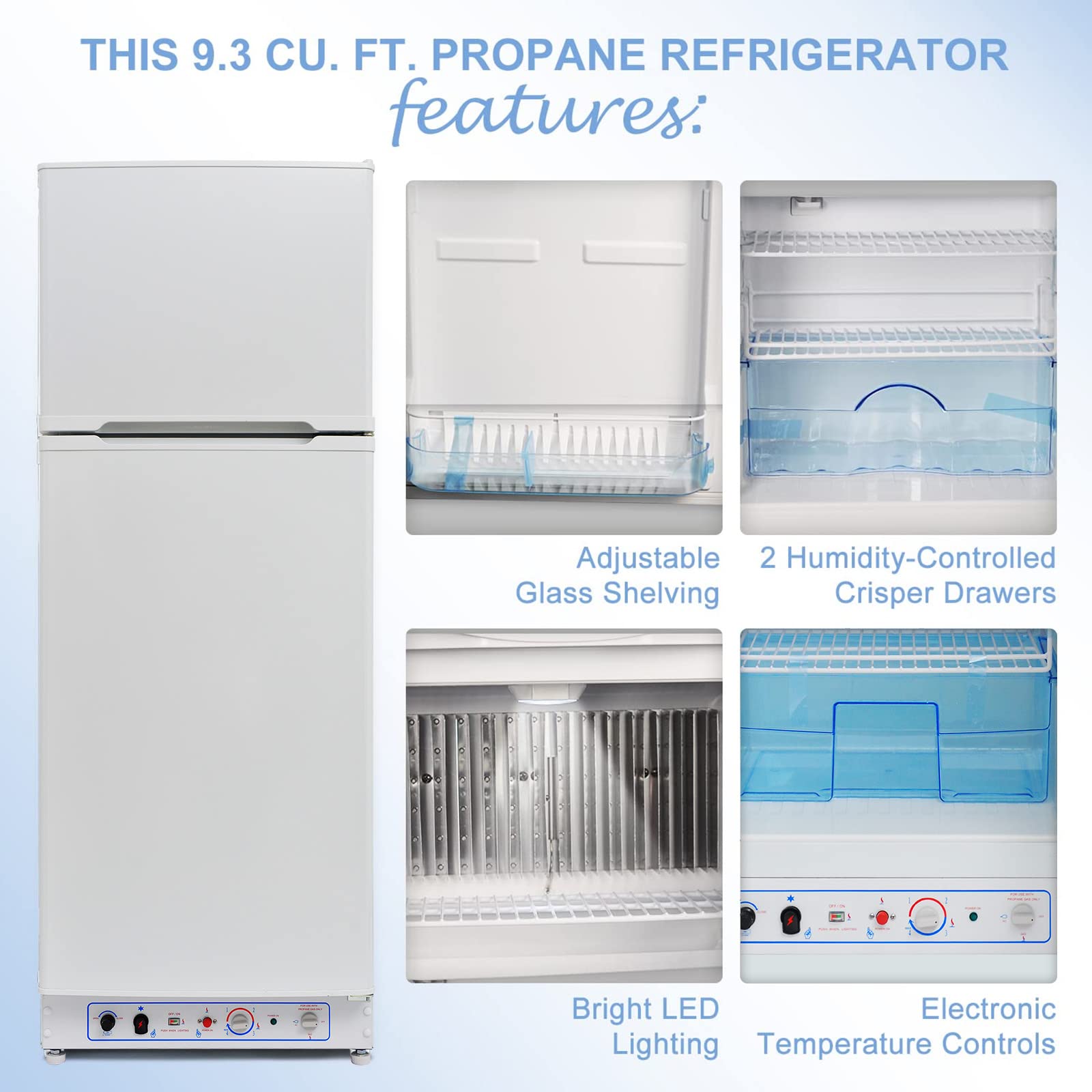 Smad 110V/LPG Propane Refrigerator with Freezer, 9.3 Cu.Ft RV Propane Refrigerator Off Grid, Large Capacity Gas Fridge for Camper, Cabin, Home, White