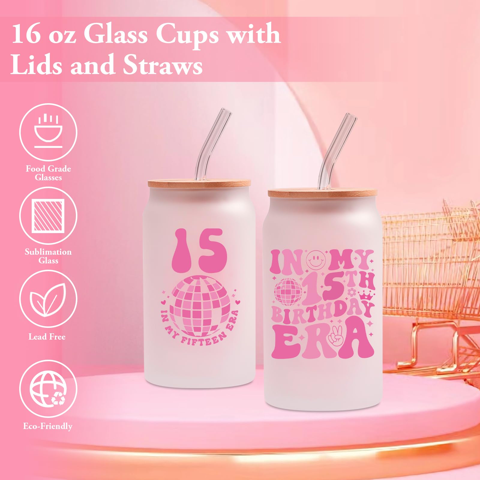 SIPBYSOP 15th Birthday Gift Set for Girls Born in 2010: Glass Cup, Necklace, Socks, Cosmetic Bag, Card - Cute 15 Year Old Girl Gifts