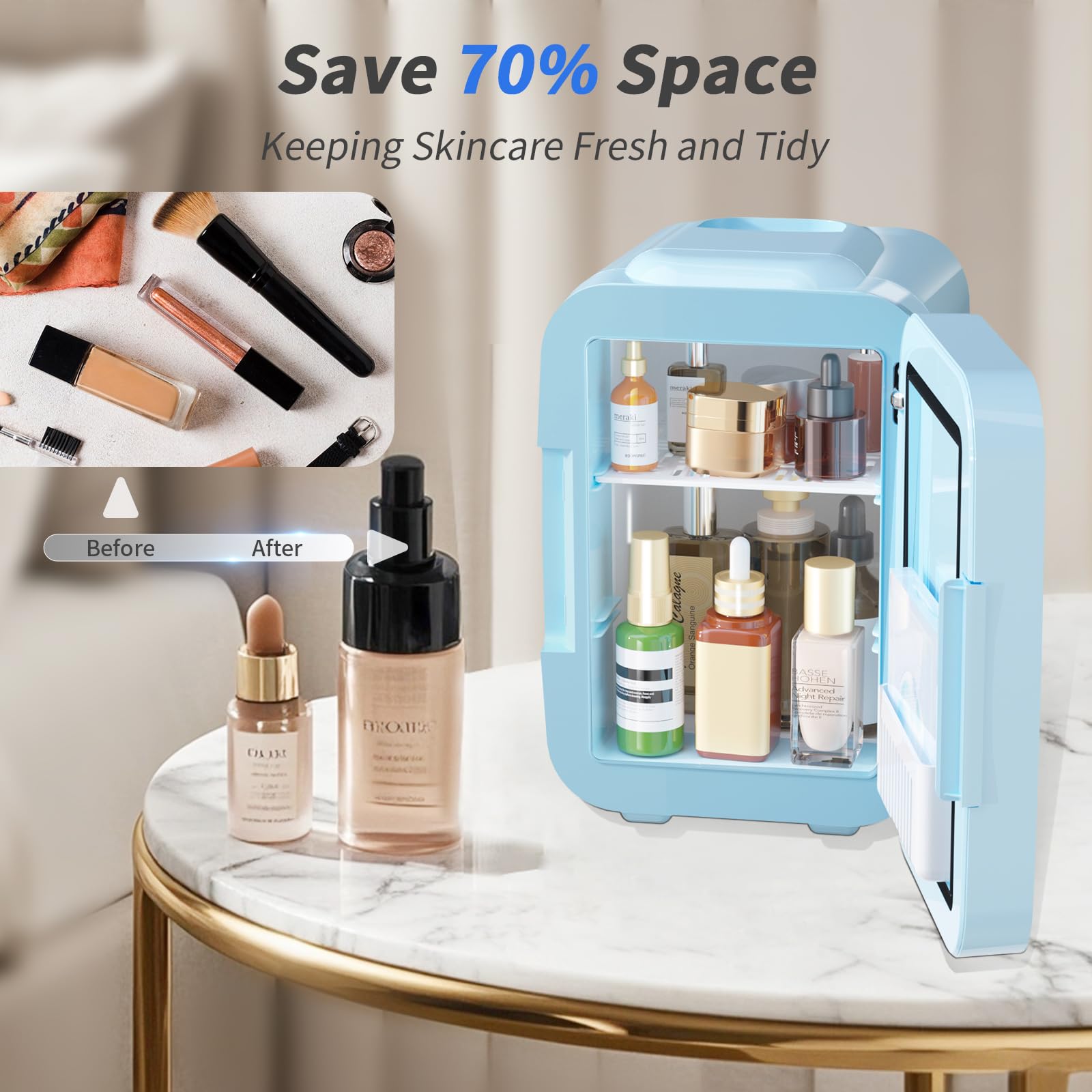 YASHE Mini Skincare Fridge with Dimmable LED Mirror, 4Liter/6 Cans Cooler and Warmer for Makeup, Cosmetic, Beauty, Food, Portable Small Refrigerator for Bedroom, Vanity, Office and Car- Blue