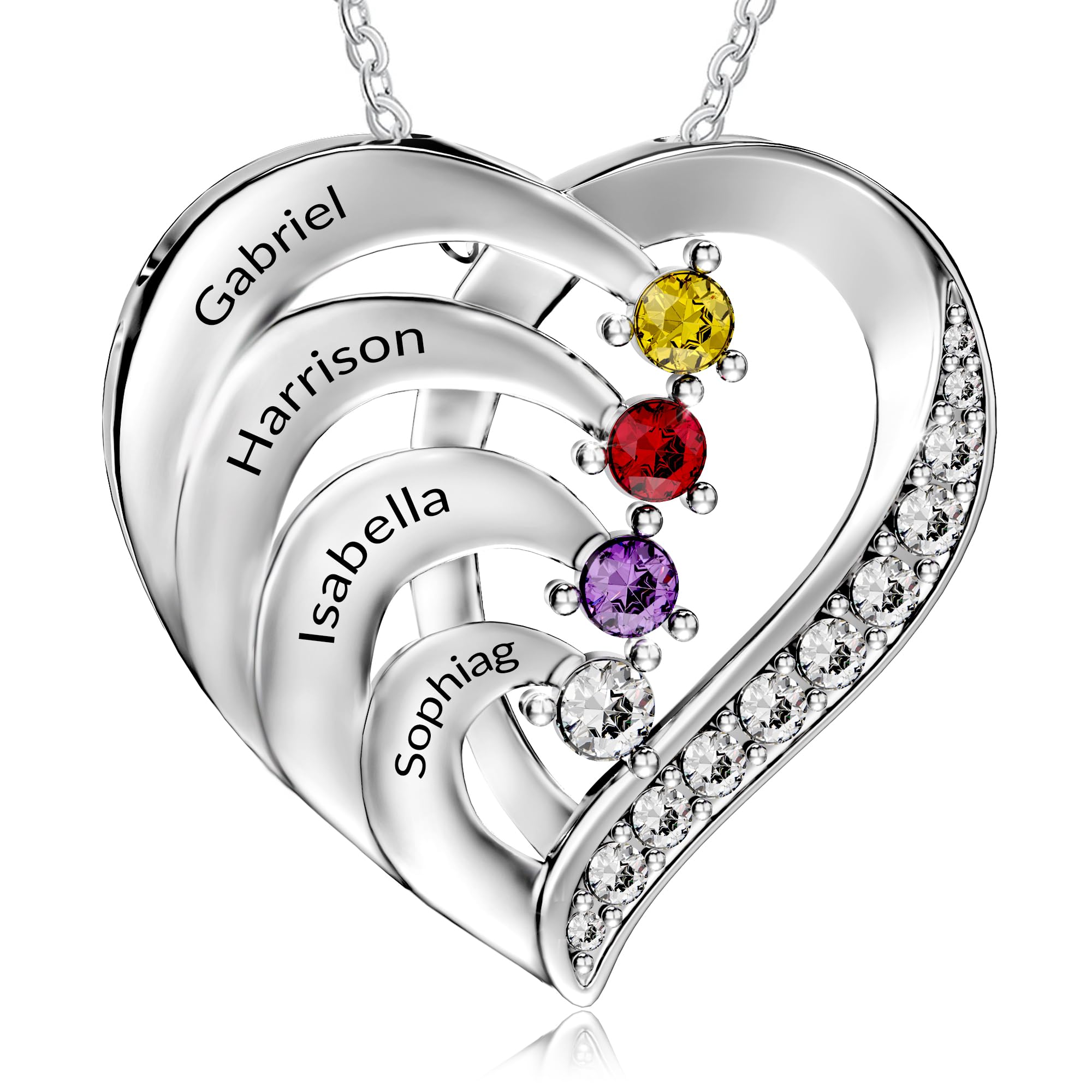 Easycosy Personalized 4 Names Necklace with Simulated Birthstones Custom Promise Necklace Heart Pendant with Engraved Names - Anniversary Birthday Christmas Jewelry Gifts for Women Mom Grandma Wife