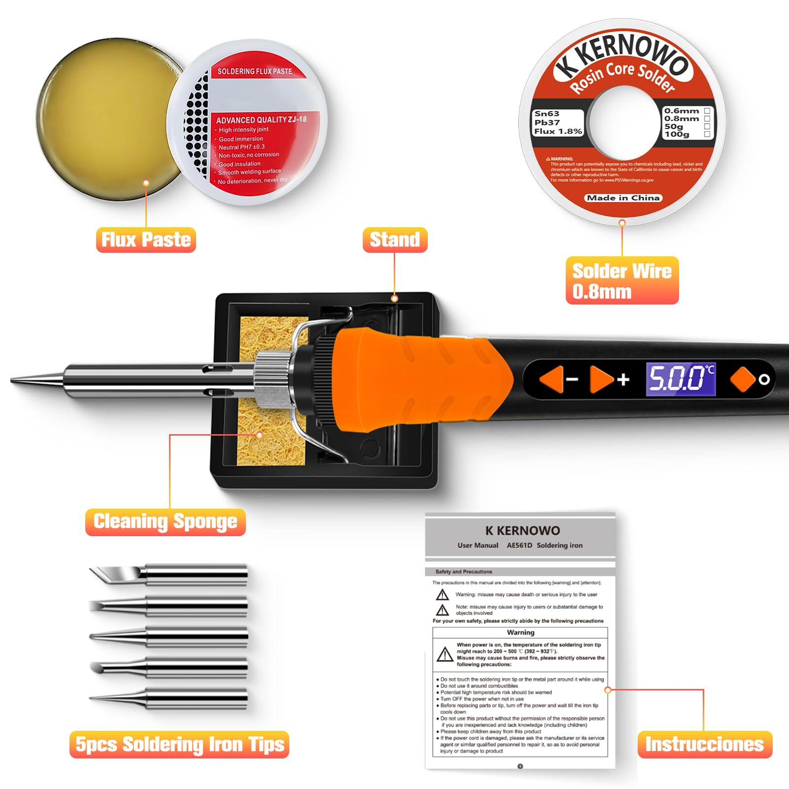 Soldering iron, 68W Soldering Gun, 9-in-1 Soldering Kit LCD Adjustable Temperature 392-932℉ & Thermostatic Design, Soldering Iron Kit with 5PCS Soldering Tips, Wire, Sponge, Flux