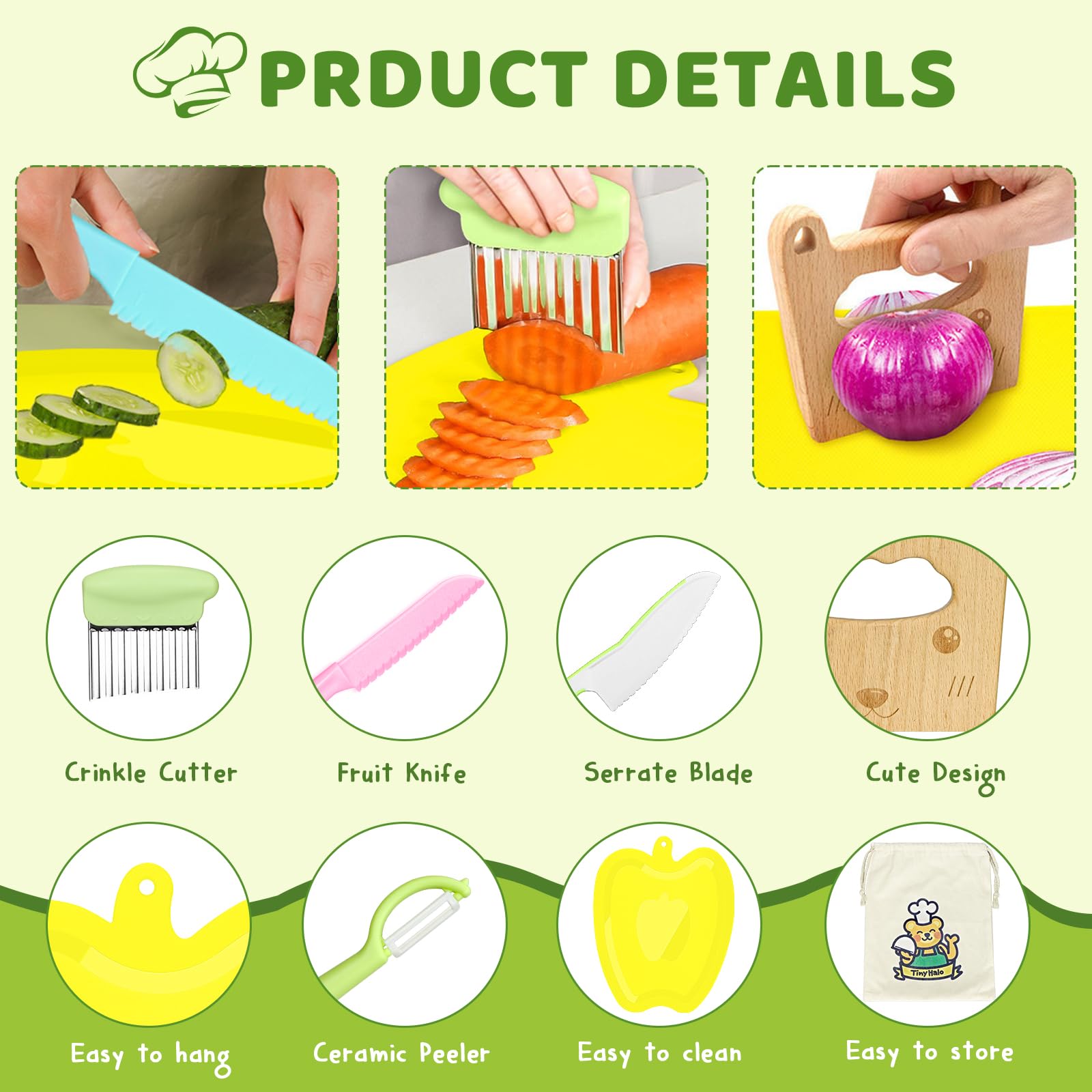 TinyHalo 11 Pcs Wooden Kids Kitchen Knife, Kids Knife Set with Cutting Board Fruit Vegetable Crinkle Cutters Serrated Edges Plastic Toddler Knifes for Real Cooking Kid Safe Knives…