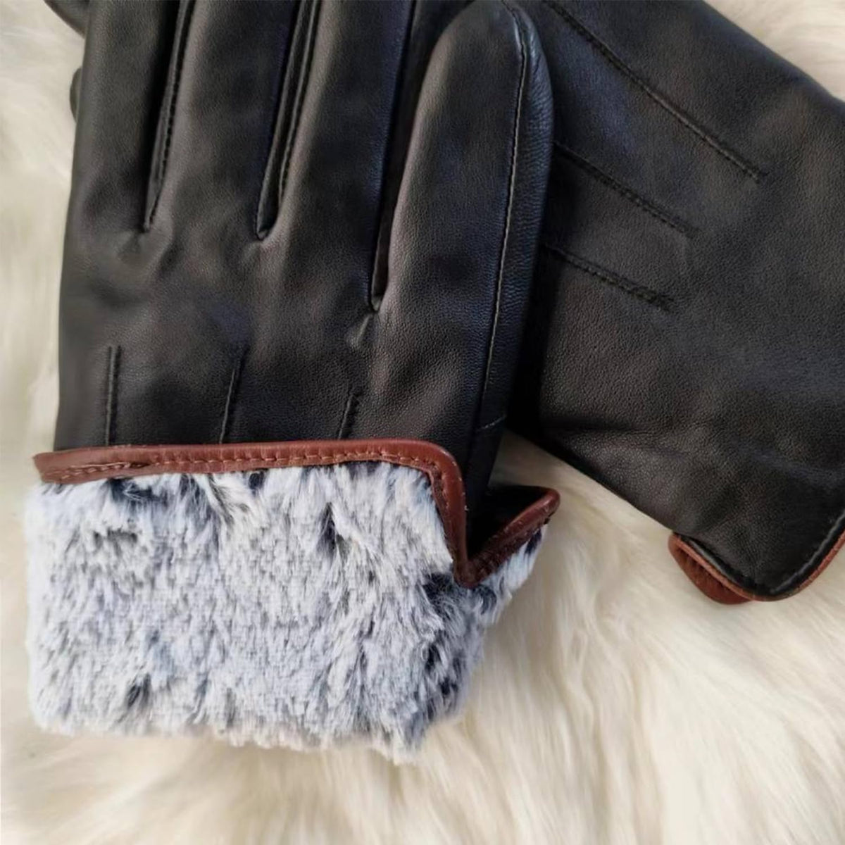 MaxW Sheepskin Leather Gloves for Men, Winter Warm Touchscreen Gloves, Black Leather Gloves for Driving Motorcycle, Size M