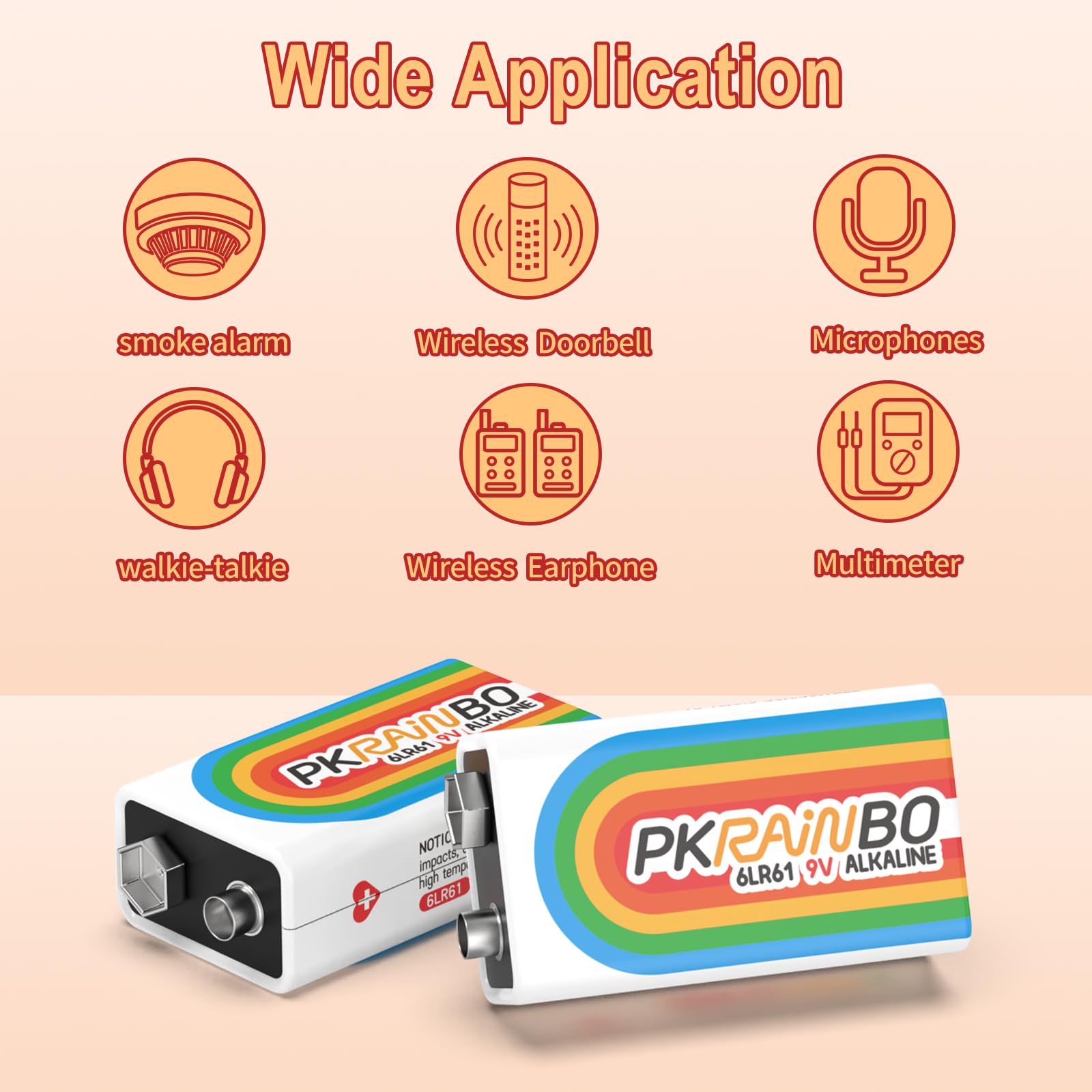 PKRAINBO 9V Batteries,9 Volt Alkaline Battery 16 PACK 10-Year Shelf Life, Square Smoke Alarm Batteries for Smoke Alarms, Guitar Pedals, Microphone, Smoke Detector Battery