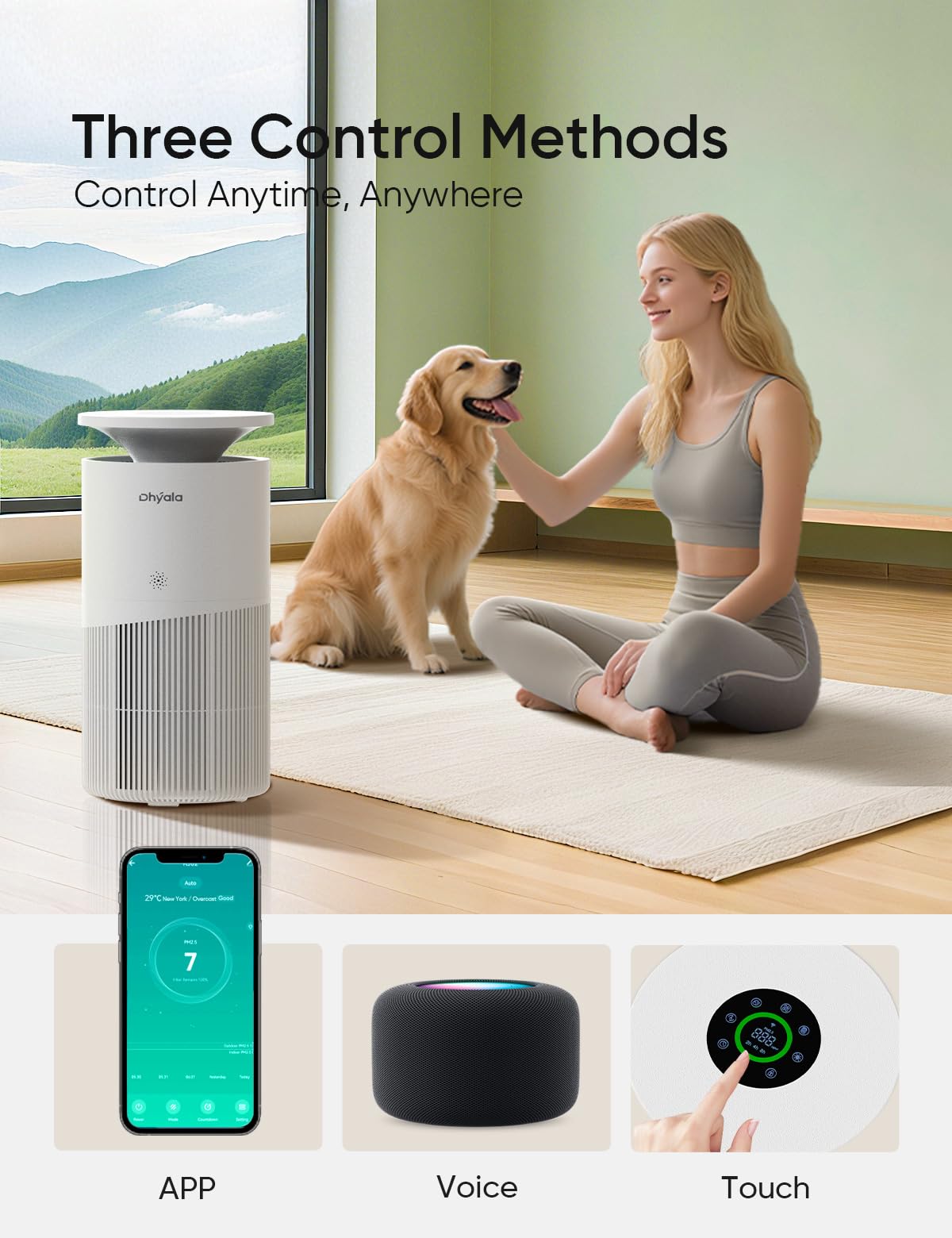 Dhyala Air Purifier for Home Large Room up to 3620FtΒ², H13 True HEPA Air Purifiers for Home Pet Hair Dander Odor Pollen, Air Cleaner with Smart WiFi, 360Β° Air Intake, Auto Mode, Pet Lock, 22dB Quiet