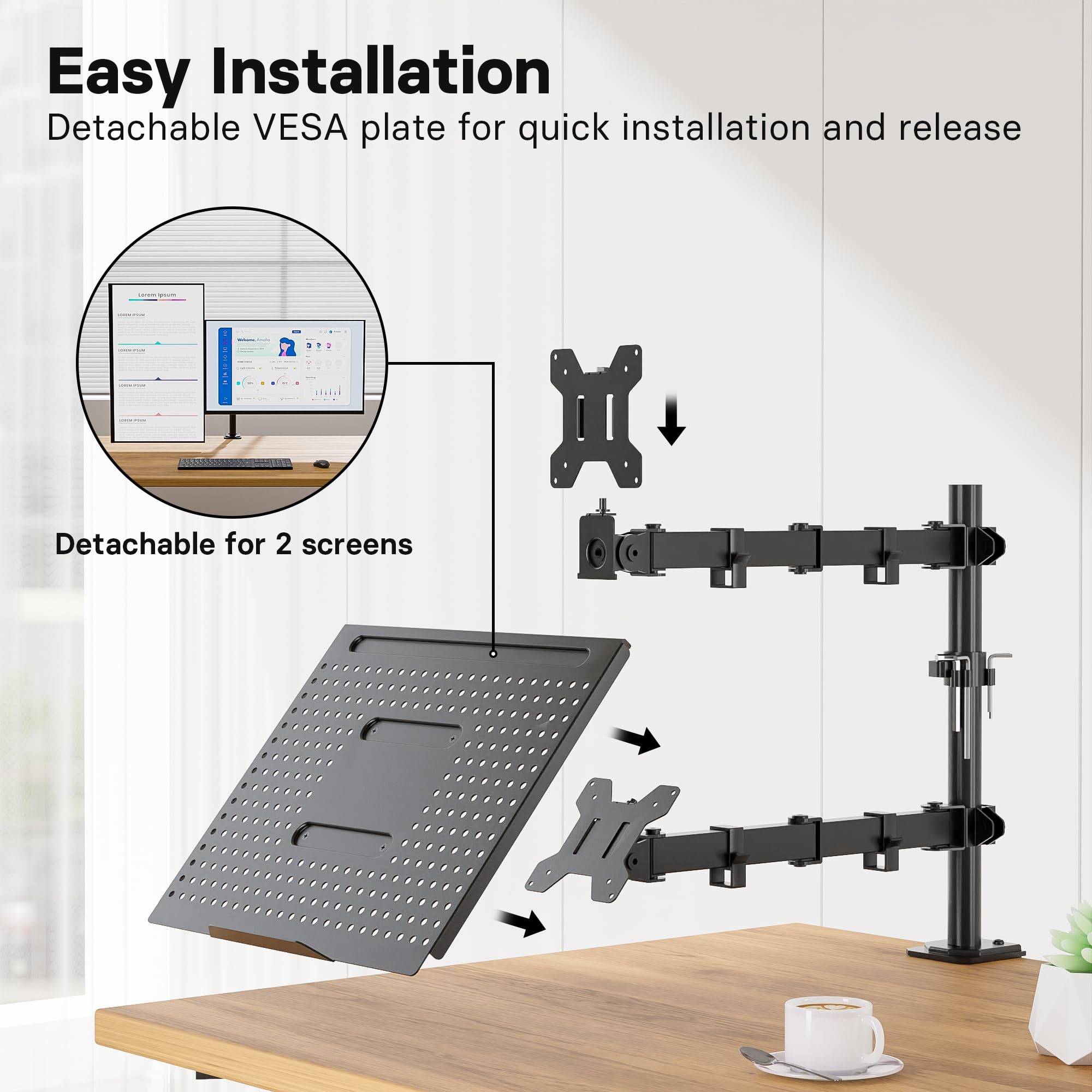 Redbat Monitor and Laptop Stand for 13-32 inch LCD LED Screens, Adjustable Monitor Mount with Laptop Tray Up to 16 inch Laptop/Notebook, Laptop Arm with VESA 75/100mm, 2 Mounting Options