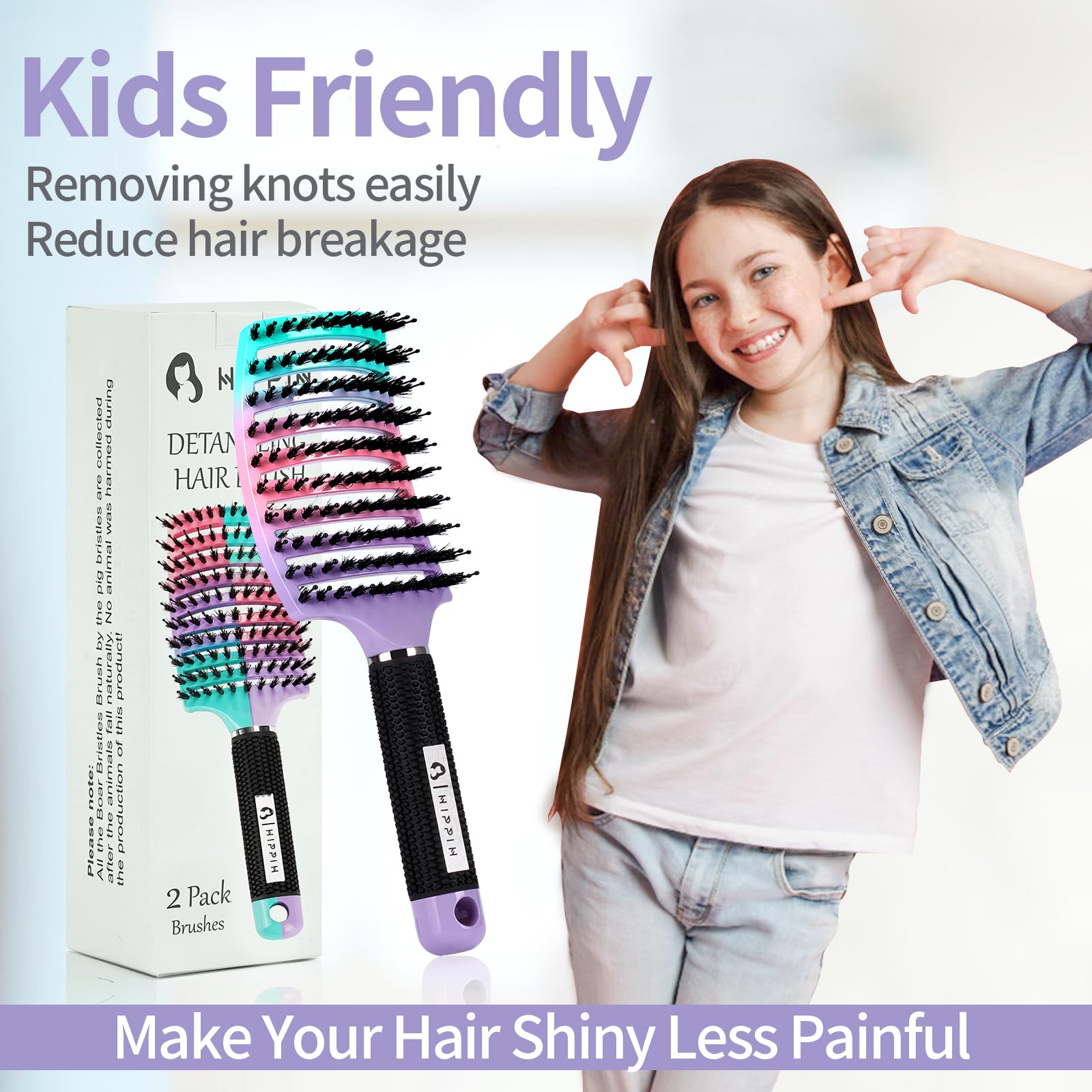 Detangling Brush 2 Pack, HIPPIH Detangler Hair brush for Adult & Kids’ Wet or Dry Hair, Boar Bristle Hair Brush Getting Knots Out without Pain Adds Shine and Makes Hair Smooth Purple
