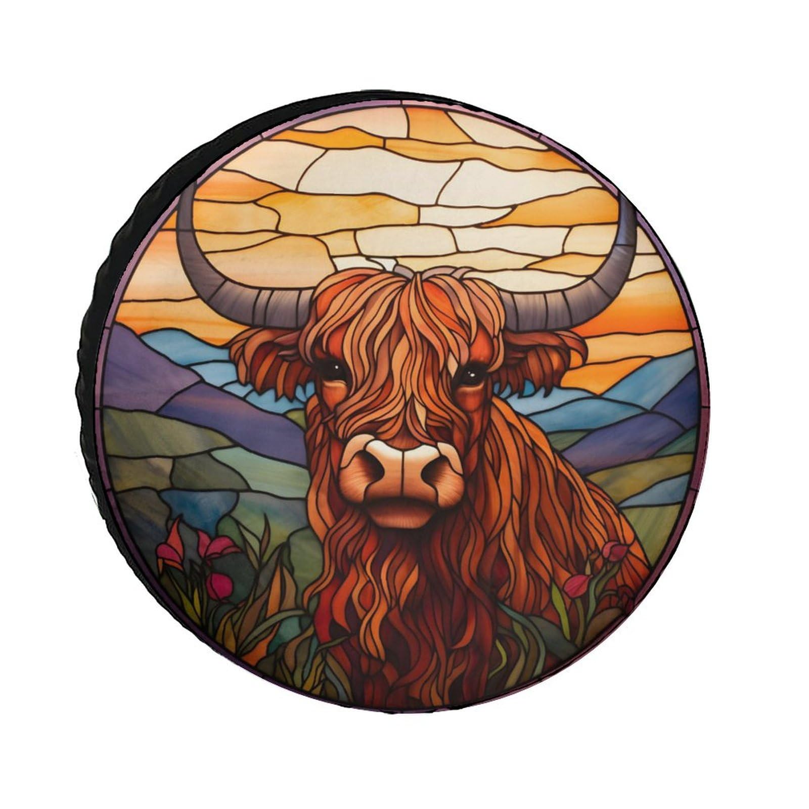 KIOWEIR Spare Tire Cover Highland Cowbright Stained Glass Wheel Tire Cover Universal Dust-Proof Tire Protectors for Trailer Rv Van SUV Truck Camper and Many Vehicle for Diameter 34''