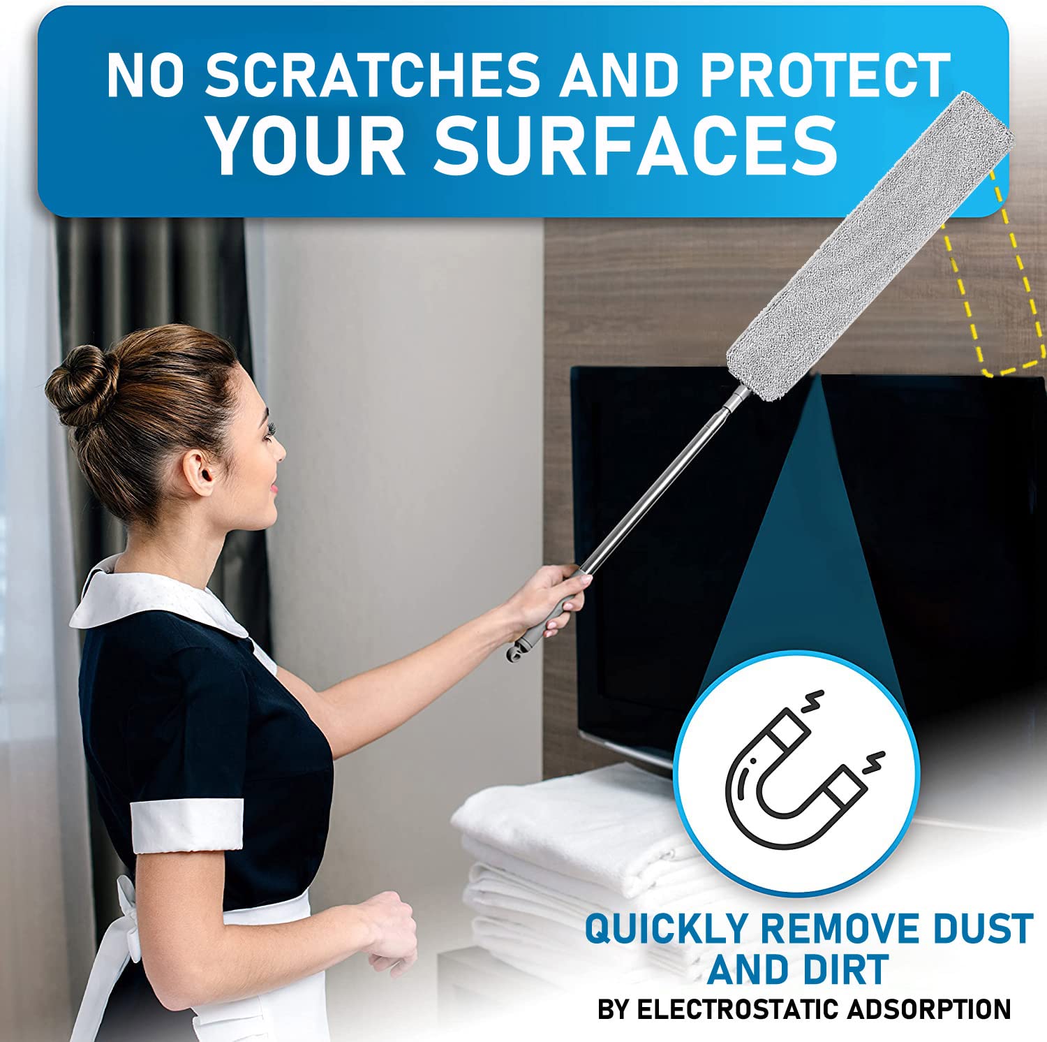 MUOOU Under Appliance Microfiber Duster with Extendable Pole, 100" Telescoping Gap Dust Brush, Long Flat Flexible Duster - 4 Cloth Cover