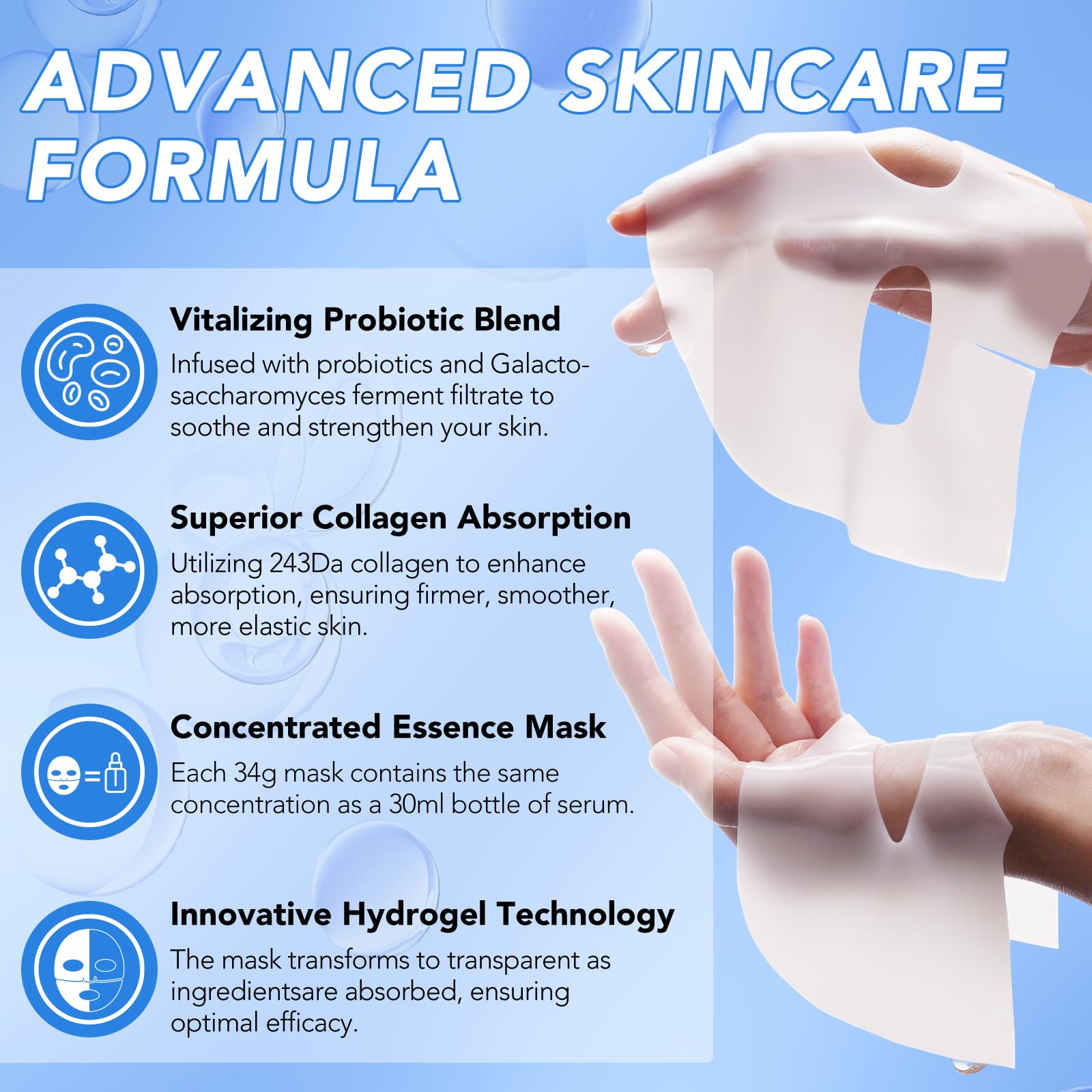 GOGIFTGO Collagen Face Mask,Collagen Real Deep Mask,Collagen Mask,Deep Hydrating Anti Wrinkle Lifting M-ask,Hydrogel M-asks for All Skin Types 34g*4ea