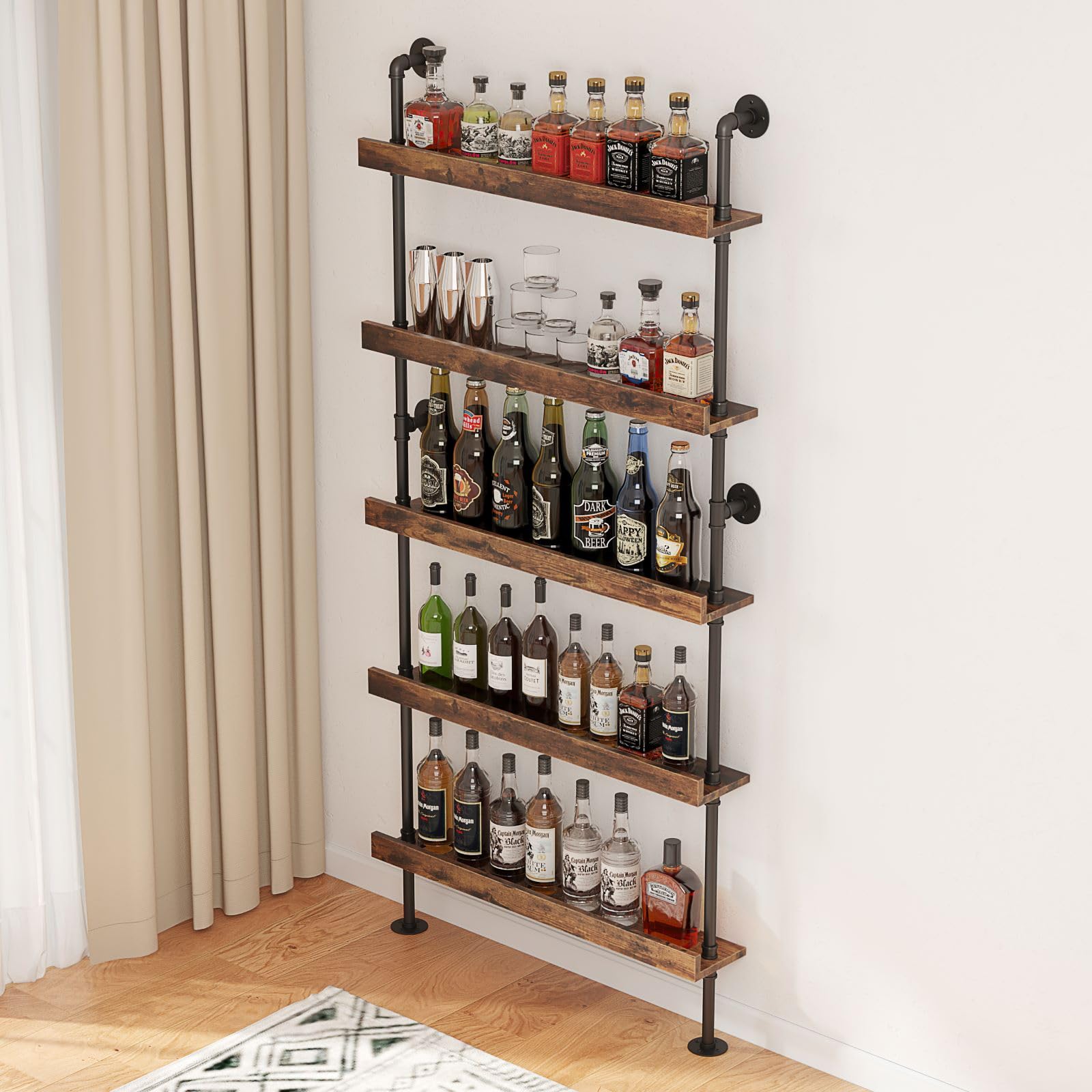 Woskar 5-Tier Wall Mounted Wine Rack, Industrial Pipe Bar Shelf for Wine Bottle Storage, Industrial Pipe Shelves Shelf Shelving for Home Bar Dining Room Kitchen (40" W x 79" H x 8.6" D)