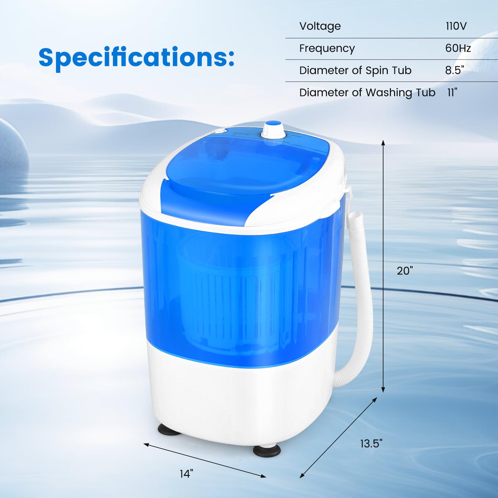 COSTWAY Portable Mini Washing Machine with Spin Dryer, Washing Capacity 5.5lbs, Electric Compact Machines Durable Design Energy Saving, Rotary Controller, Laundry Washer for Home Apartment RV, Blue