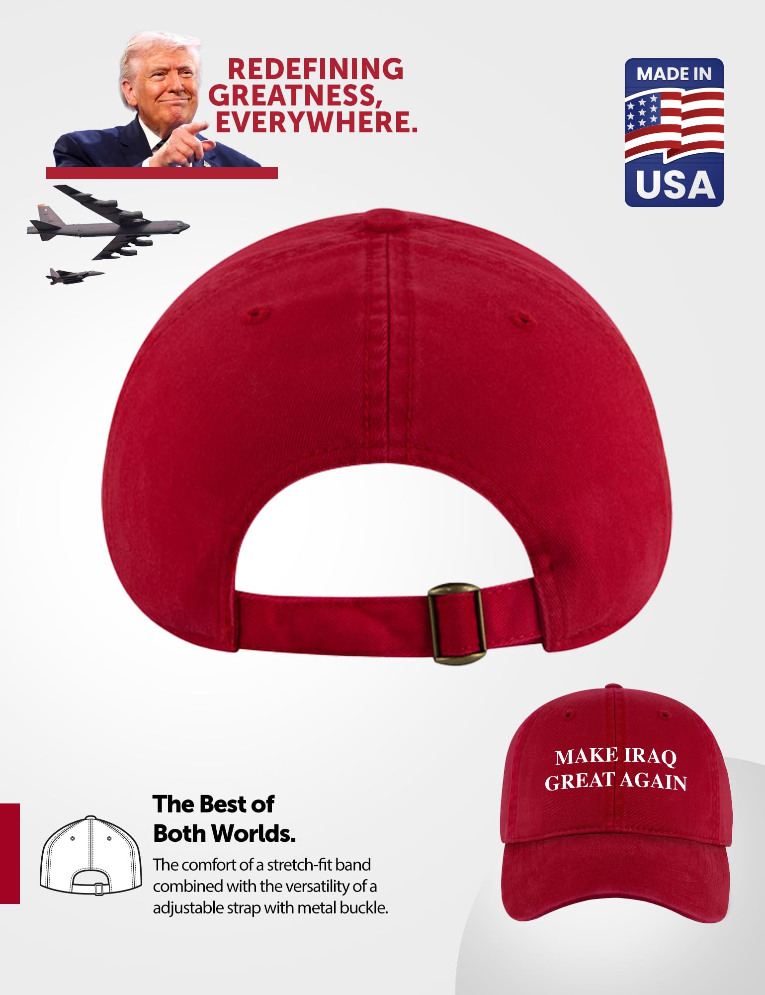 Make Iraq Great Again Hat - Red Washed Cotton Polo Style Dad Cap - Bold White Print Statement Headwear
