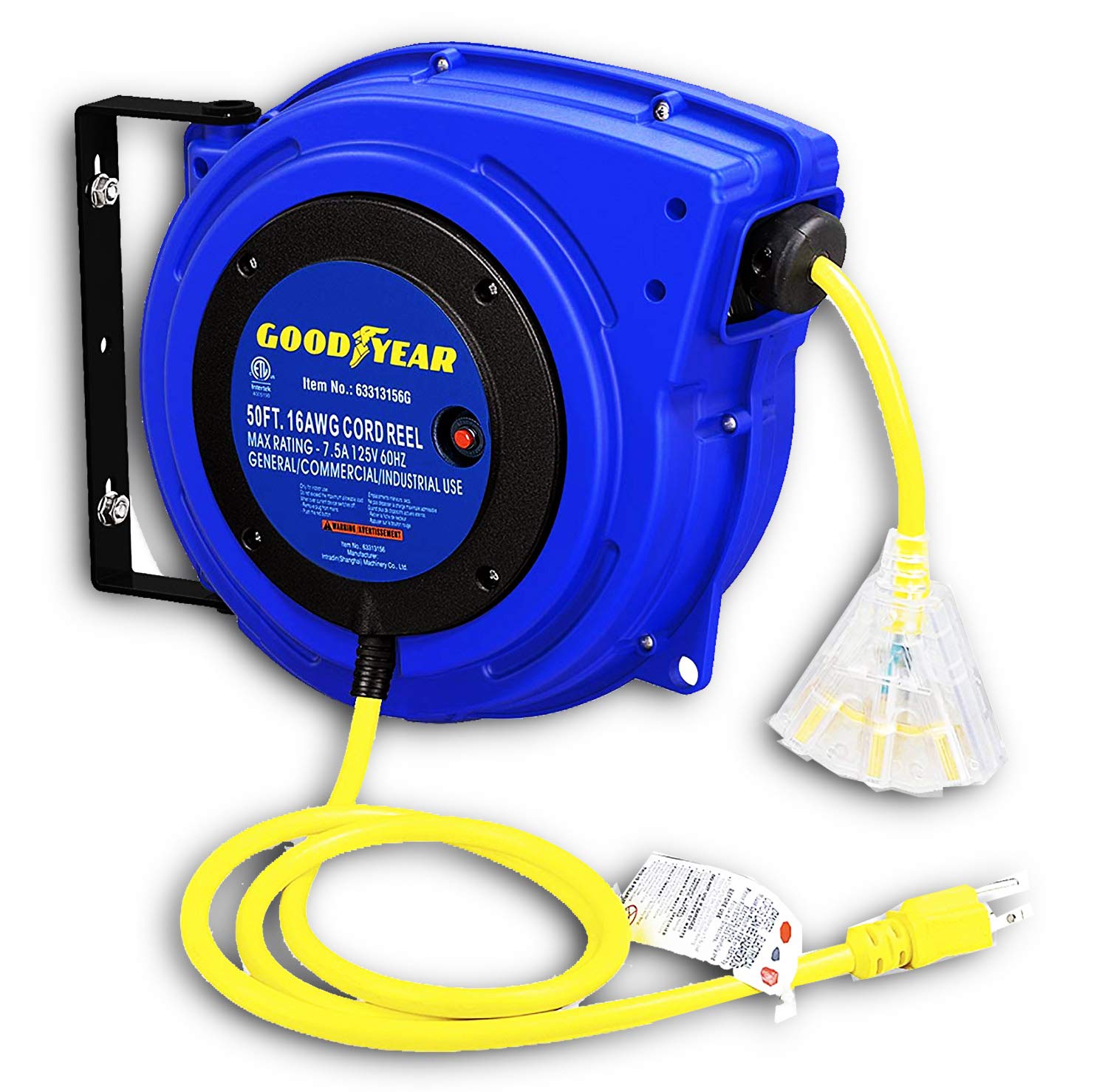 Goodyear Extension Cord Reel Retractable 16AWG x 50' Foot 3C/SJTOW Commercial Cable LED Triple Tap Connector Power 10A 125VAC 938W