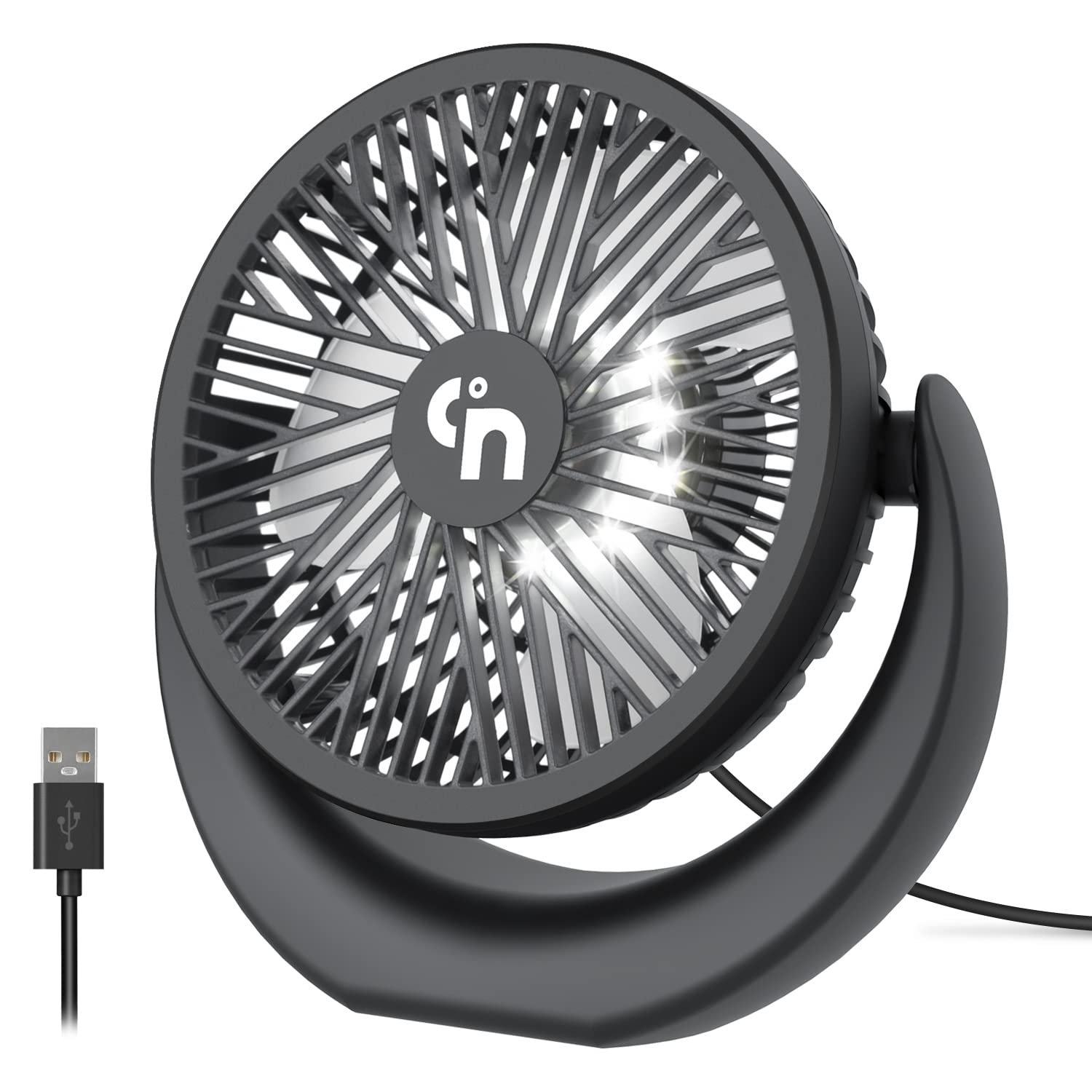 GagetElec USB Desk Fan with LED Night Lights,360°Rotation Desktop Fan,3 Speeds Quiet Mini USB Cooling Fan Personal Table Fan for Home Office Desktop Office Table 5.3 Inch (T5-08)