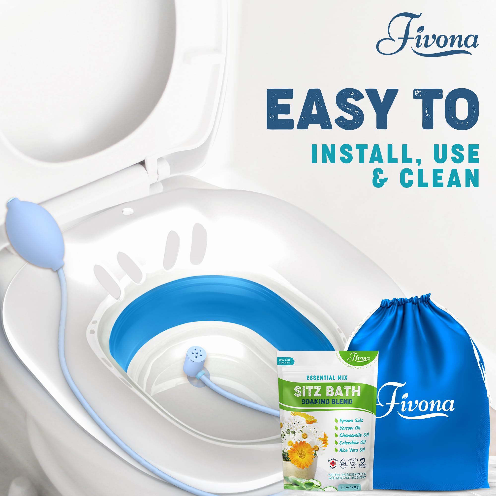 Fivona 4-in-1 Sitz Bath Soak Kit for Hemorrhoids and Postpartum Care 1 Pack of Blend Made of Epsom Salt and Essential Oils Toilet Expandable Seat Storage Bag and Hand Pump for at Home Perineal Soaking