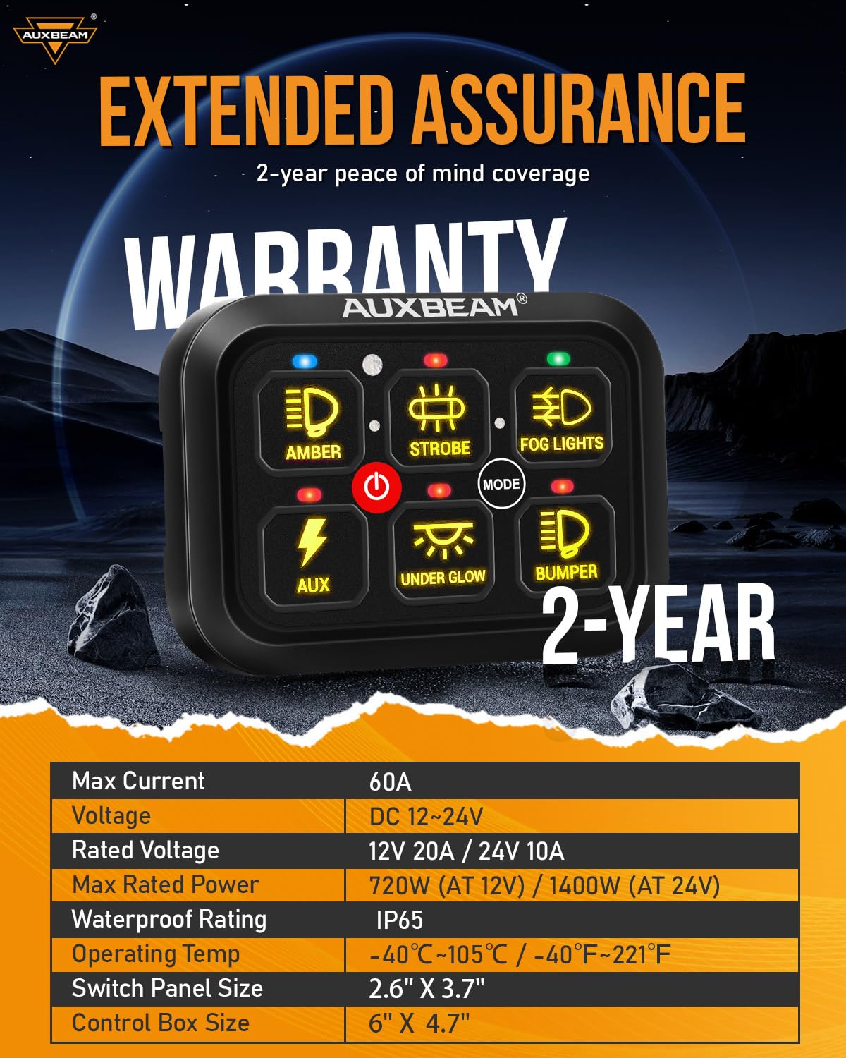 Auxbeam RGB 6 Gang Switch Panel RA60 Auto-Dimmable Switch Panel w/Momentary Toggle Pulsed Memory Function, 12-24V Switch Panel for Truck UTV Car Boat Waterproof, 2-Year Warranty