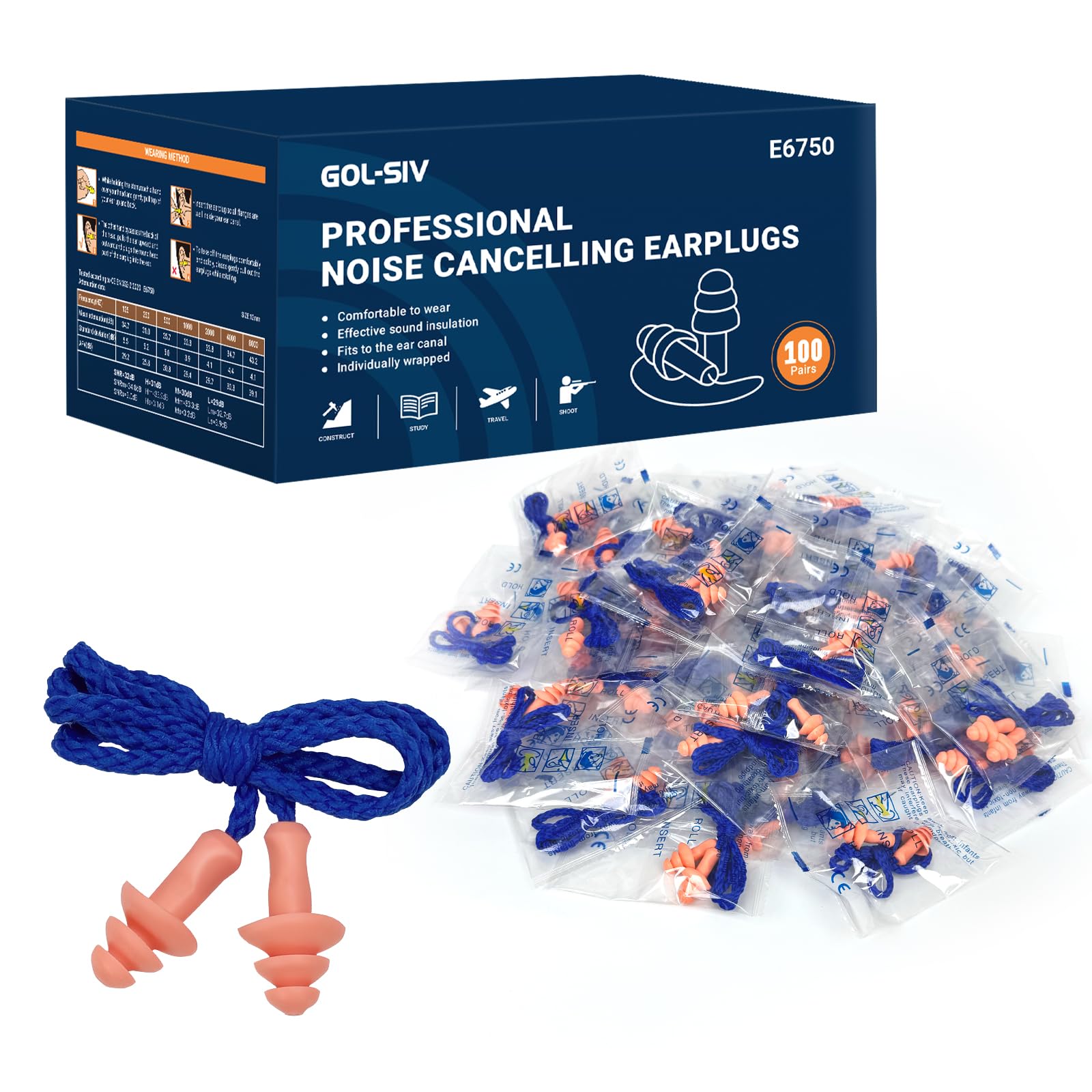 GOL-SIV 100 Pairs Silicone Corded Ear Plugs SNR 32dB - Reusable Noise Reduction Earplugs with String,Individually Wrapped,for Work & Construction Site,Orange