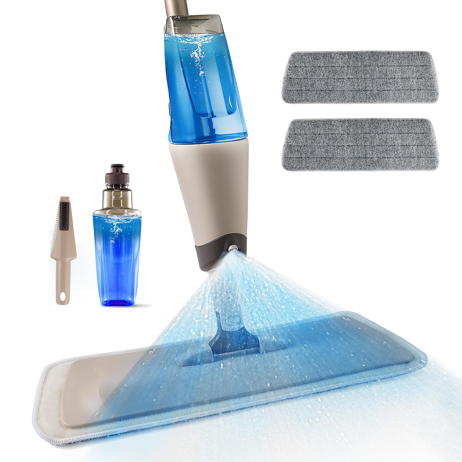 Eyliden Wet and Dry Spray Mop - 360° Rotating Head, 22 oz Refillable Bottle, 2 Washable Microfiber Pads, Ergonomic Handle - Floor Mop with Spray for Hardwood, Tile, and Laminate Floors (Brown)