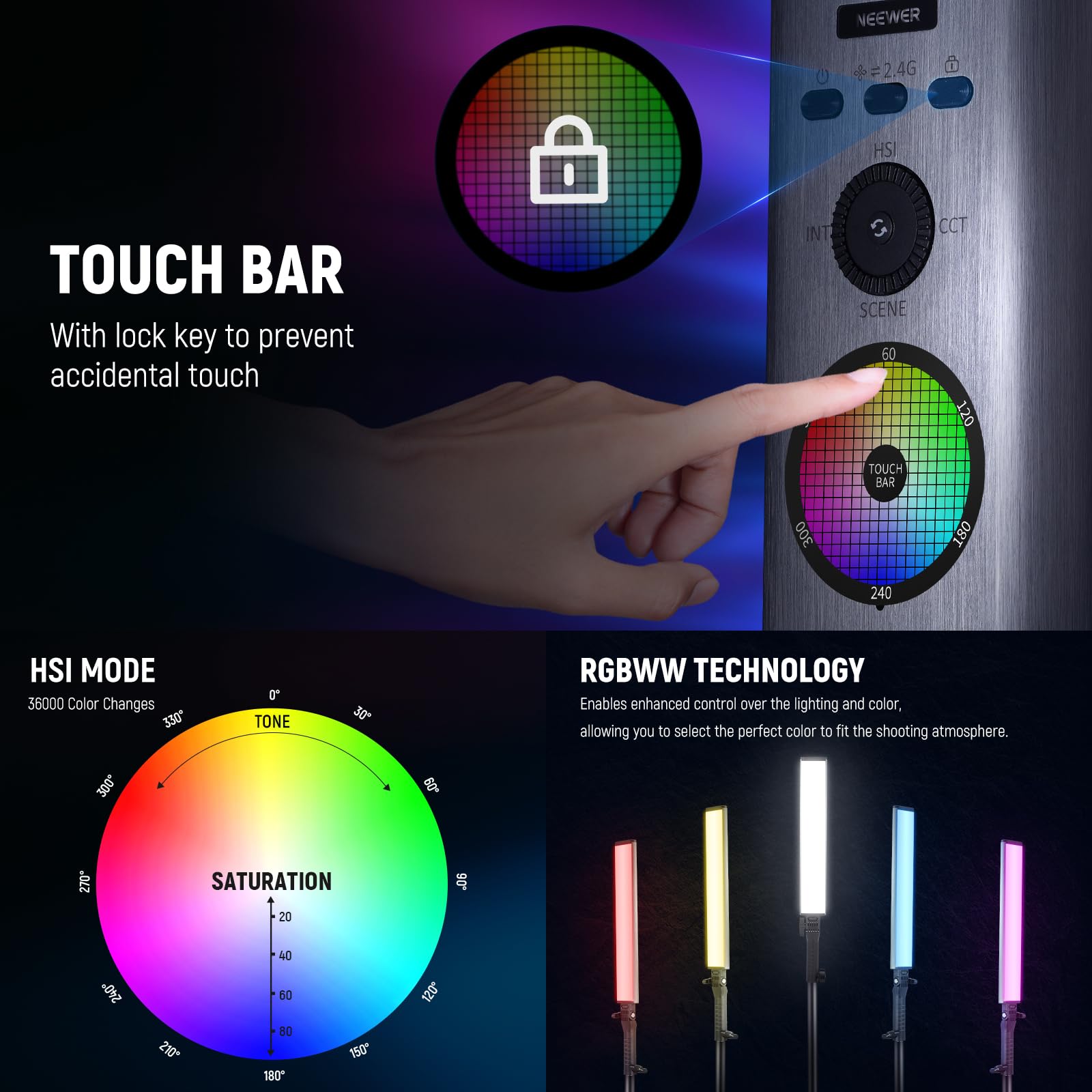 NEEWER RGB Light Wand with 2.4G/APP Control, Upgraded 360° Touchable RGBWW Hue Mixer Photography Handheld LED Video Lighting Stick with 2500K-10000K, CRI/TLCI97+, 18 Scenes, 7.4V/31Wh Battery, BH-30S