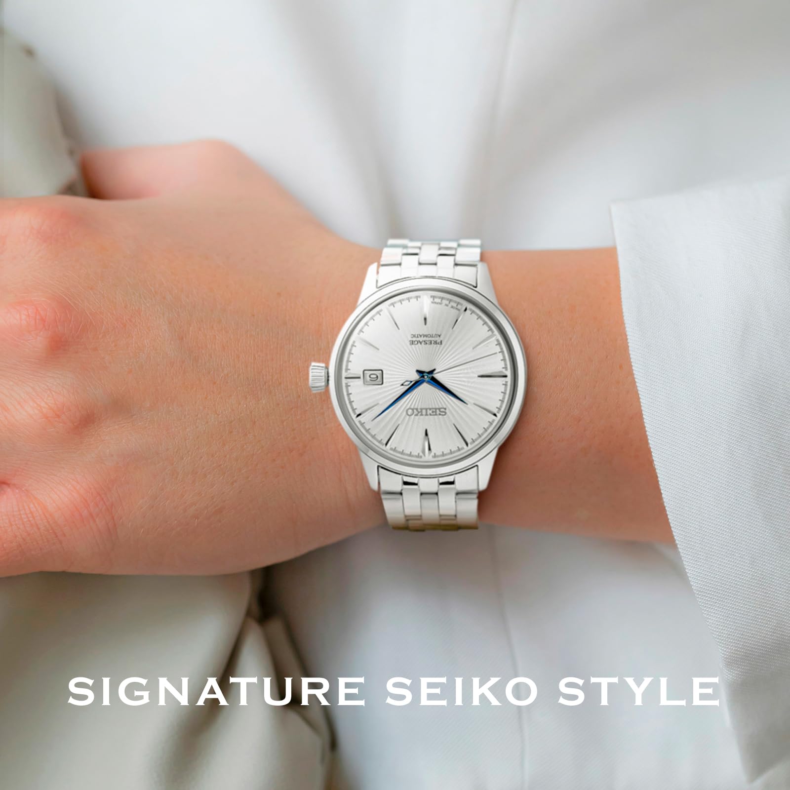 SEIKO SRPB77 Automatic Watch for Men - Presage Cocktail Time - Patterned Silver Dial with Gloss Finish, Date Calendar, 50m Water-Resistant