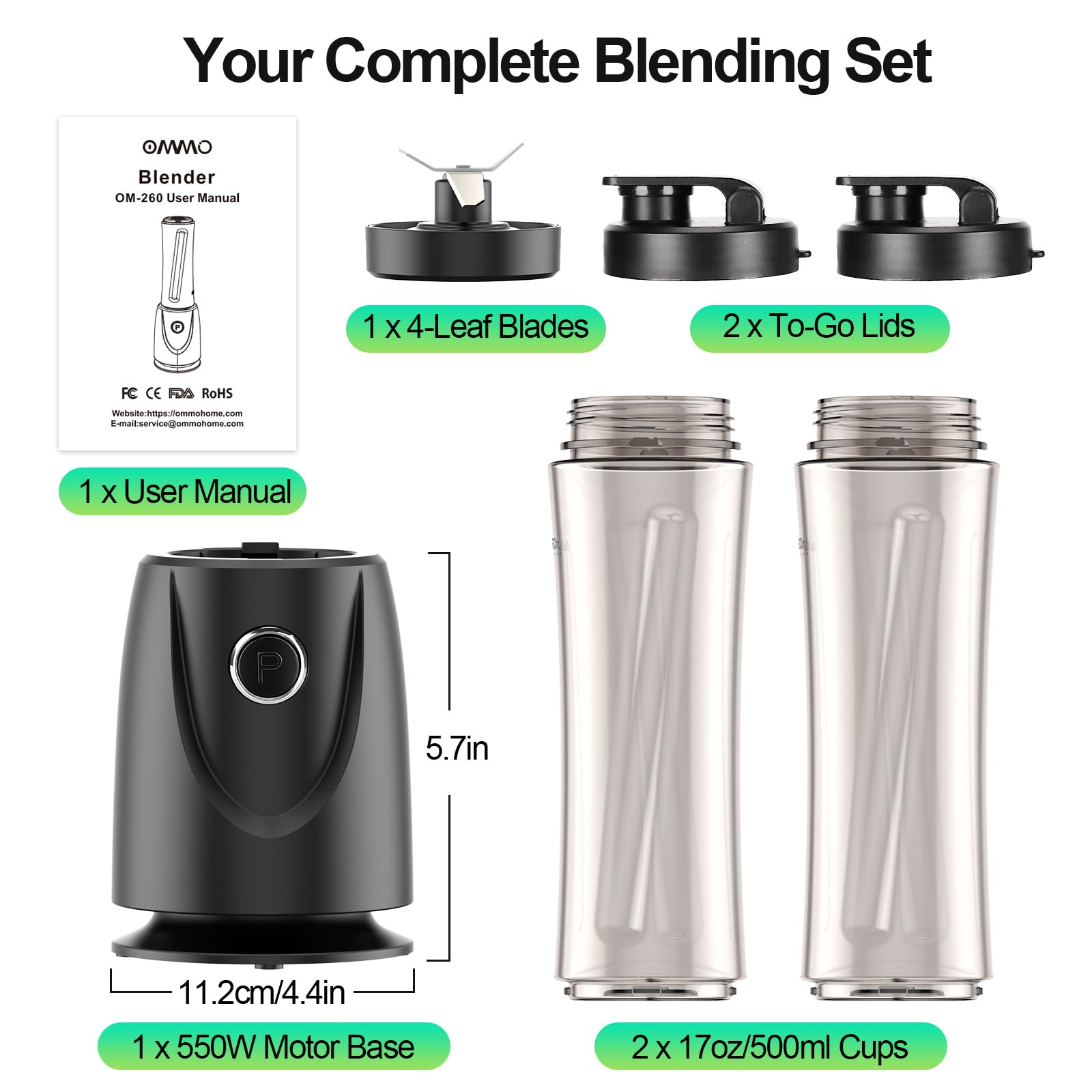 OMMO Blender, 500W Smoothie Blender with 4-Fin Blades, Personal Blenders for Kitchen with 17oz BPA-Free Portable Cups for Drinks, Milkshake and Juices