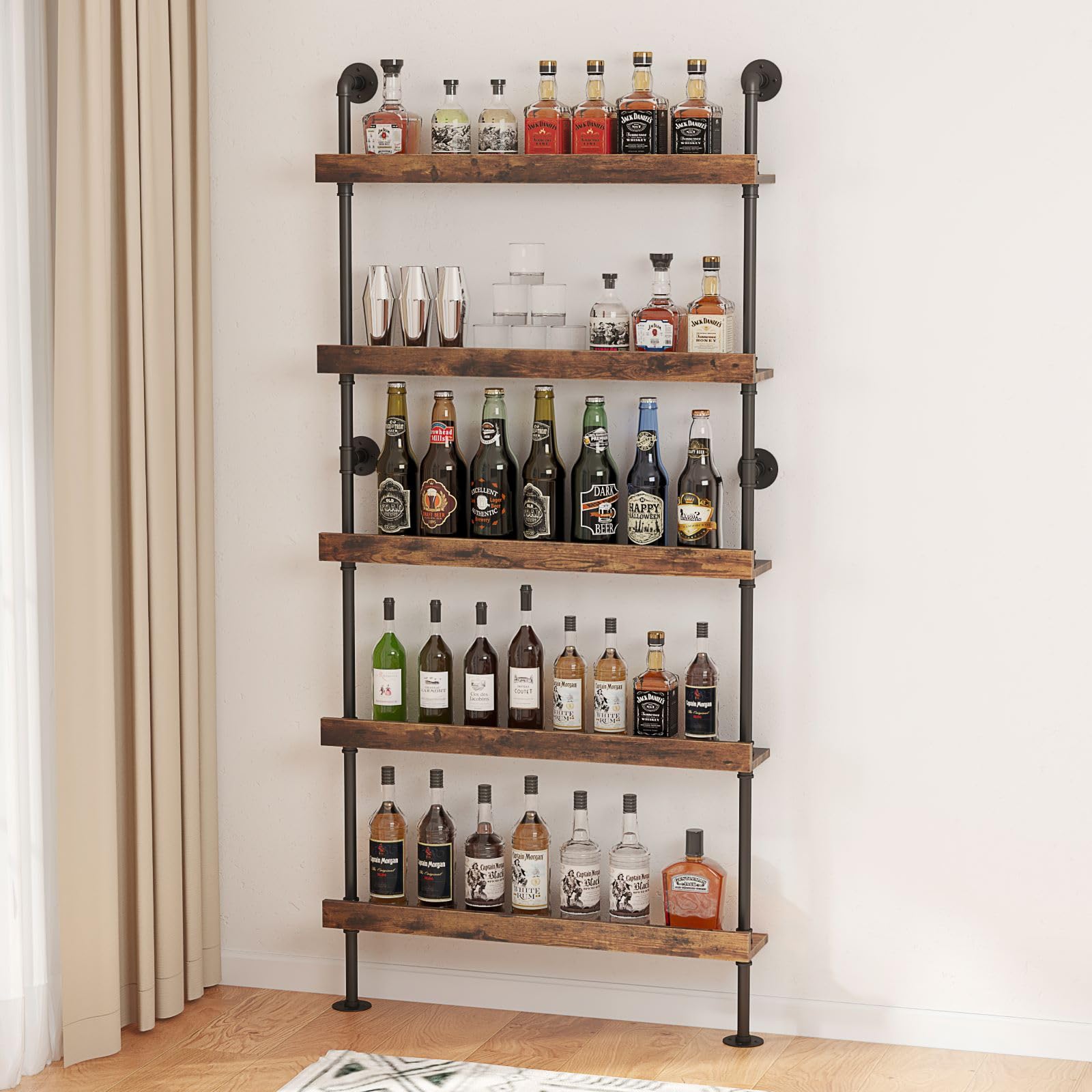 Woskar 5-Tier Wall Mounted Wine Rack, Industrial Pipe Bar Shelf for Wine Bottle Storage, Industrial Pipe Shelves Shelf Shelving for Home Bar Dining Room Kitchen (31.5" W x 79" H x 8.6" D)
