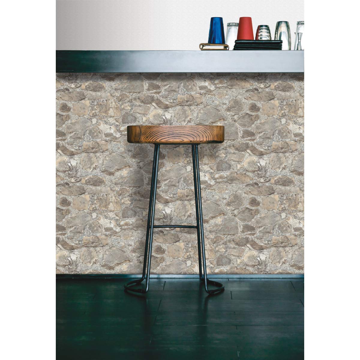 RoomMates RMK9096WP Gray and Almond Weathered Stone Peel and Stick Wallpaper