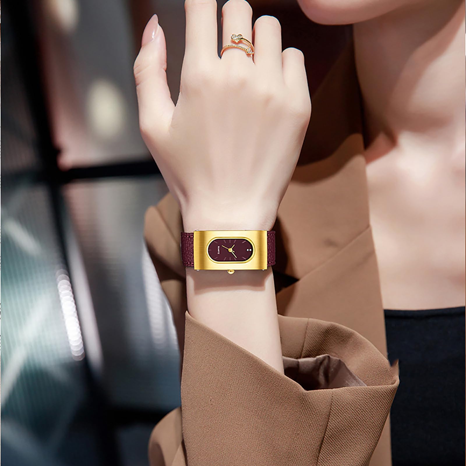 BESTKANG Vintage Women's Watch Leather Oval Rectangle Gold Luxurious Ladies Wristwatch Elegant Watches for Women (Red Gold)