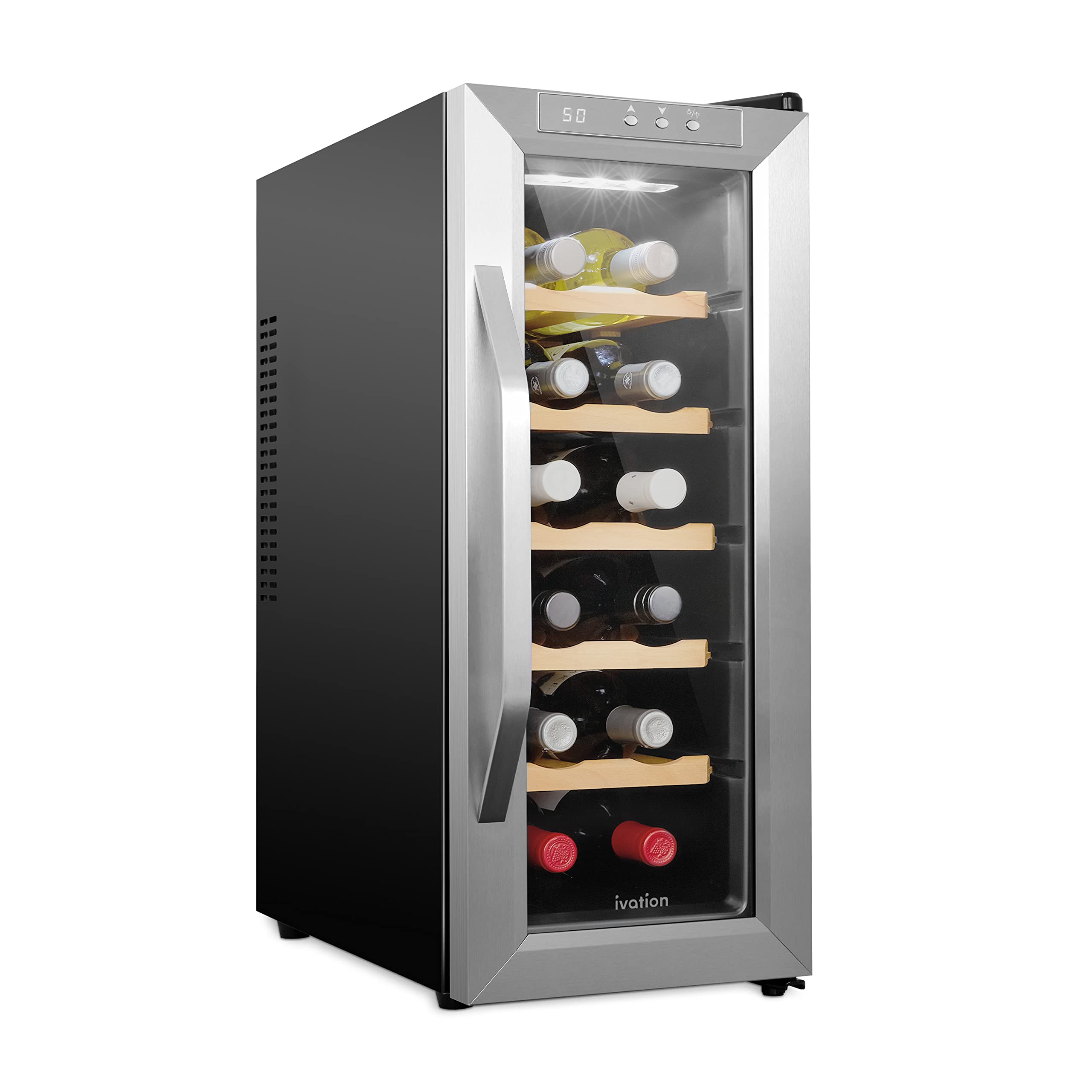 Ivation 12 Bottle Thermoelectric Wine Cooler/Chiller - Stainless Steel - Counter Top Red & White Wine Cellar w/Digital Temperature, Freestanding Refrigerator Smoked Glass Door Quiet Operation Fridge