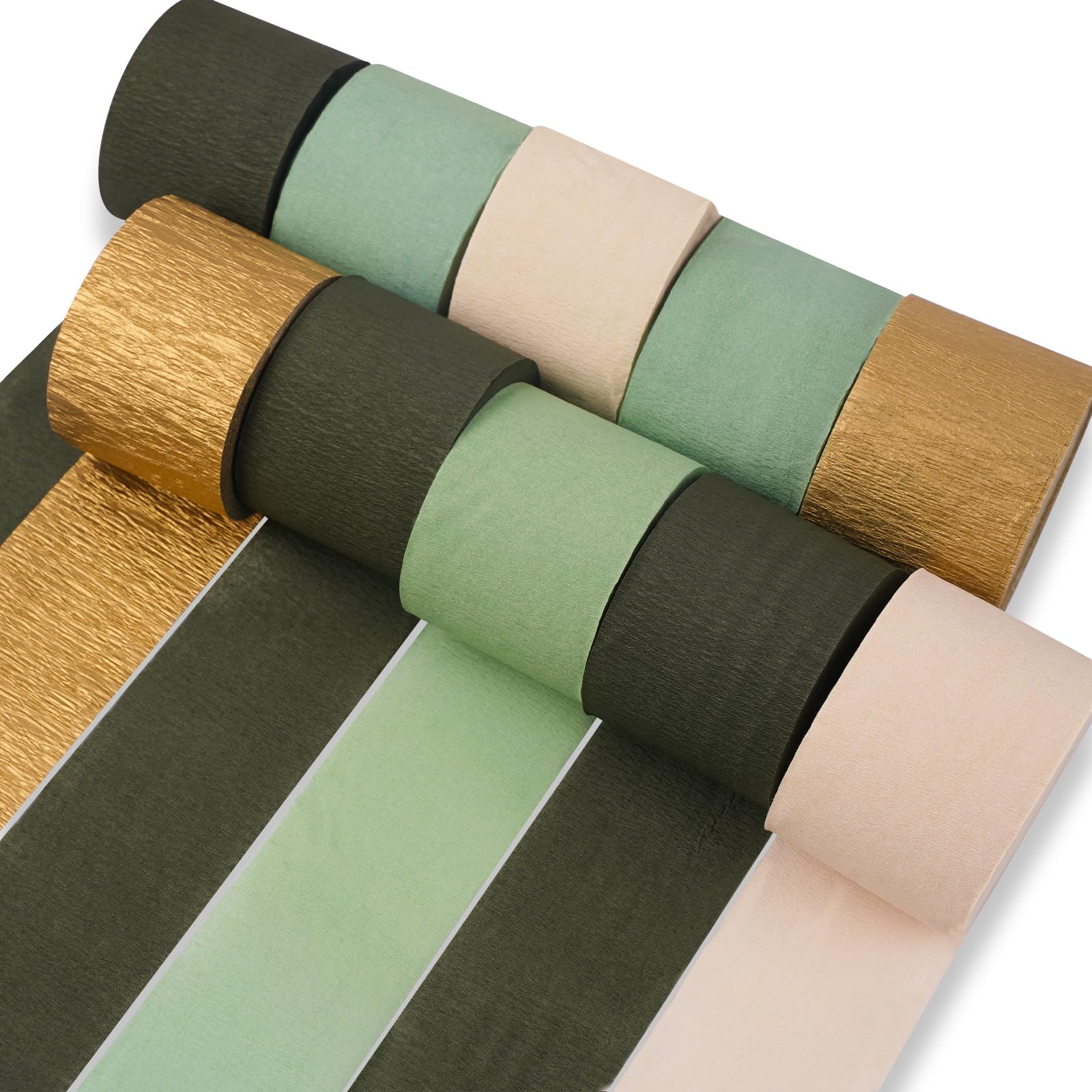 PartyWoo Green Crepe Paper Streamers 10 Rolls 820 ft Pack of Gold and Shades Sage Green Crepe Paper for Graduation Wedding Jungle Birthday Party Decorations (1.8 Inch x 82 Ft/Rolls)