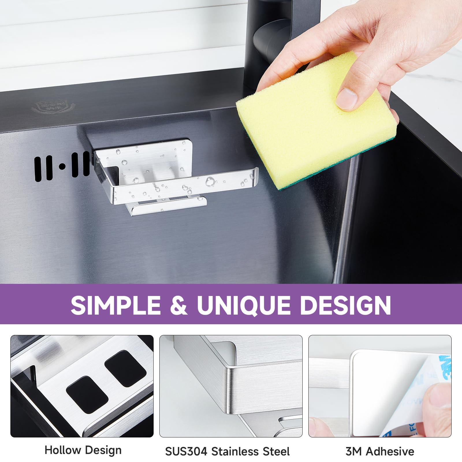 XILIMEN Sink Caddy Sponge Holder for Kitchen Sink Dish Cloth Hanger, Stainless Steel Sink Caddy Organizer Rack, 2-in-1 Adhesive Kitchen Sink Caddy for Sponge, Dish Cloth, Brush, Scrubber, Soap