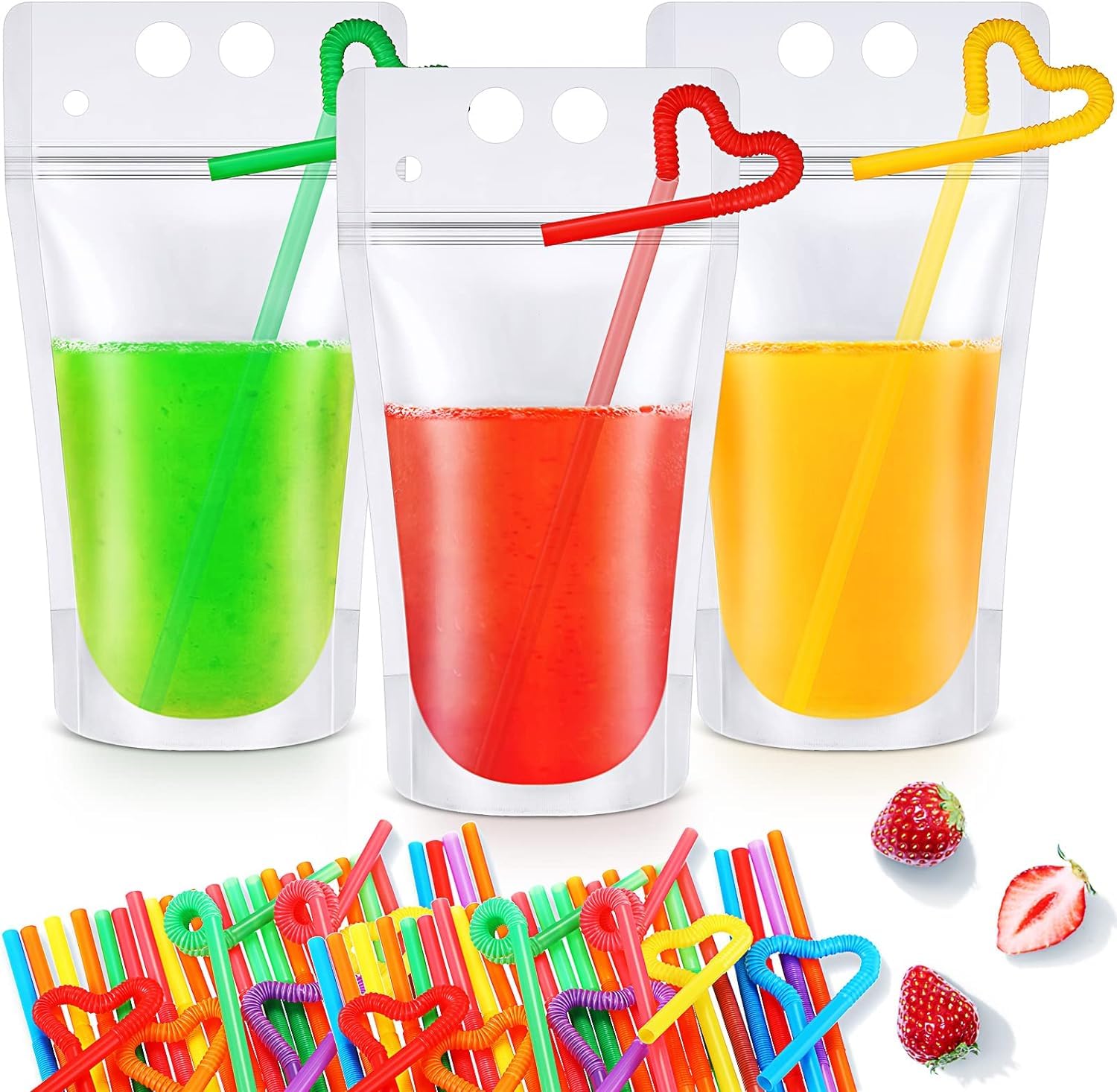 200 Pcs Clear Drink Pouches with Straws for Adults 16 oz Resealable Zipper Stand up Juice Pouches Bags Plastic Liquor Smoothies Container for Cold Hot Drink