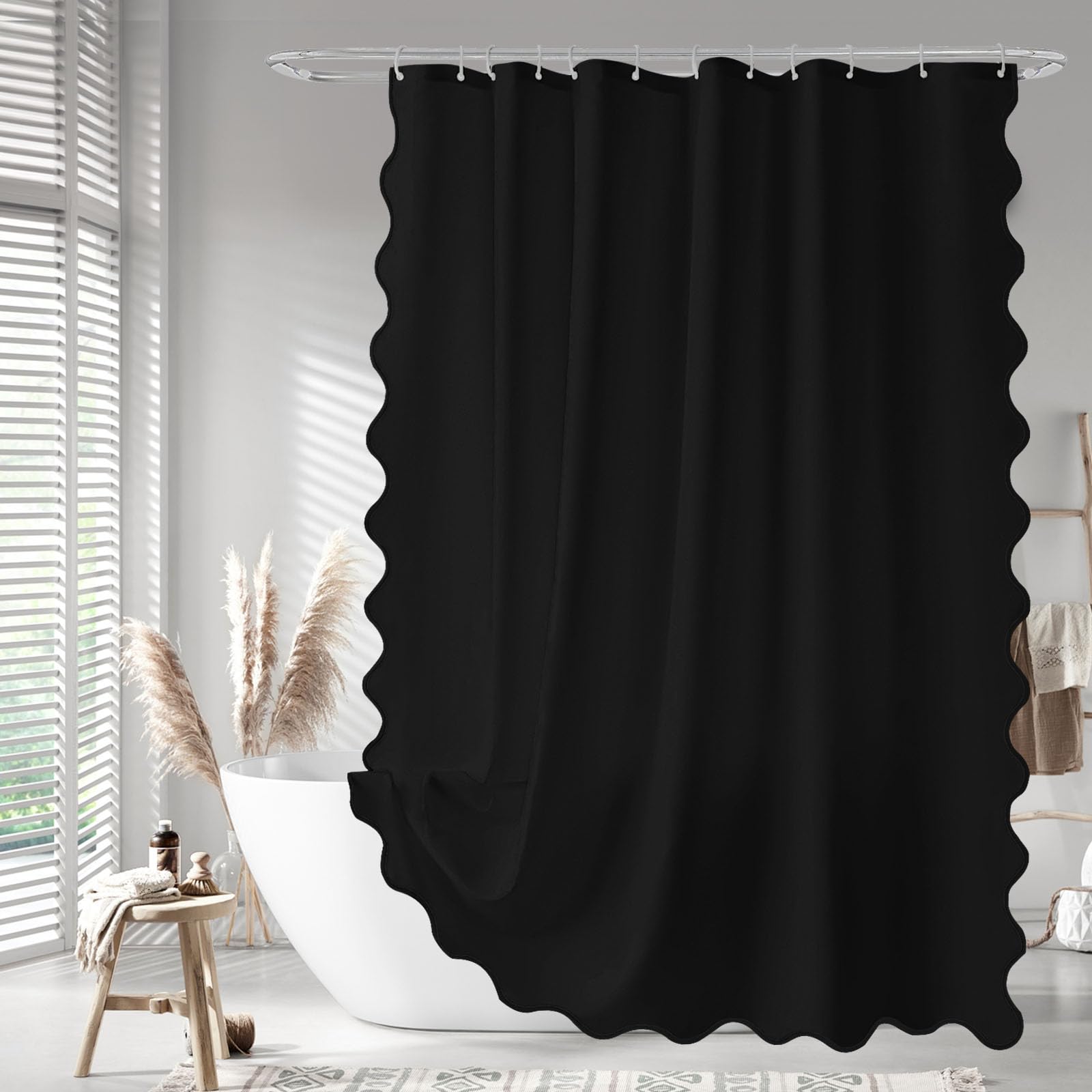 Seasonwood Black Scalloped Shower Curtain 72 x 72 Inches, Aesthetic Shower Curtain Elegant Pretty Shower Curtains Black