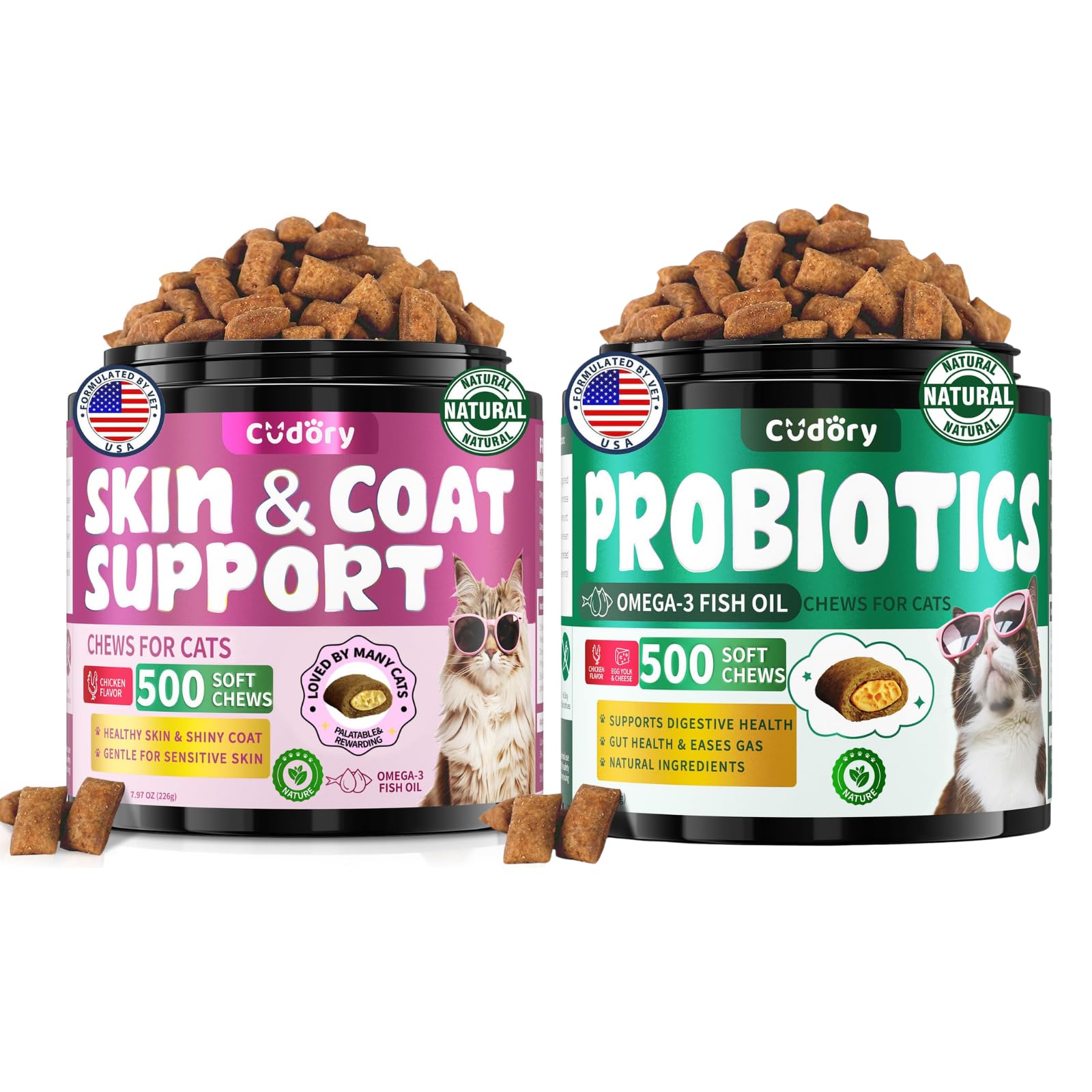 Chews for Cats Bundle-Natural Skin and Coat Support for Cats+Cat Probiotics Soft Chews for Digestive & Gut Support-Cat Supplements & Vitamins -Chicken