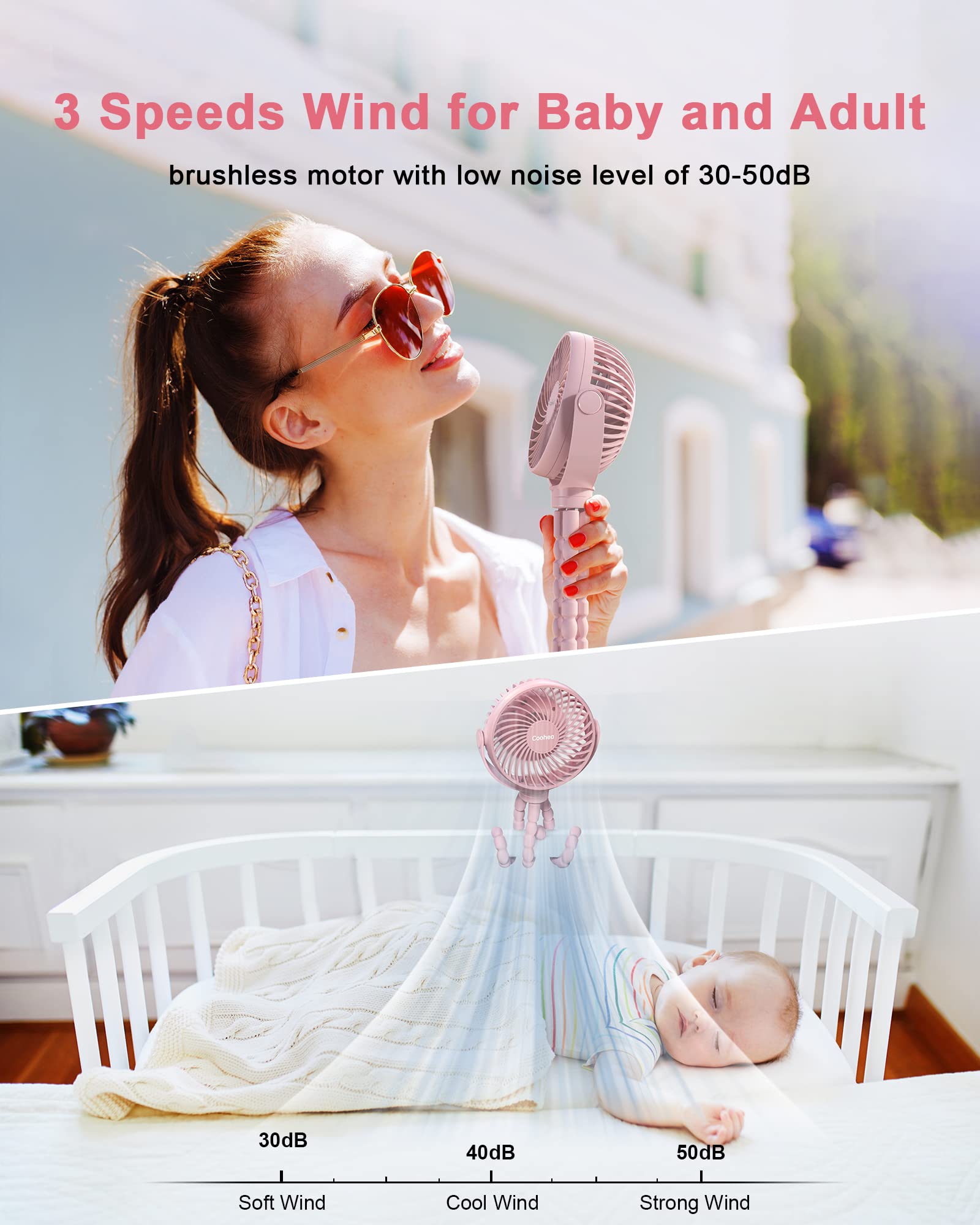 Coohea Stroller Fan Clip on Baby Fan USB Rechargeable Small Fan Battery Operated Portable Fan, Flexible Tripod for Car Seat Backseat Bike Beach Travel Trip Camping, 360°Rotatable, 3 Wind Speed, Pink