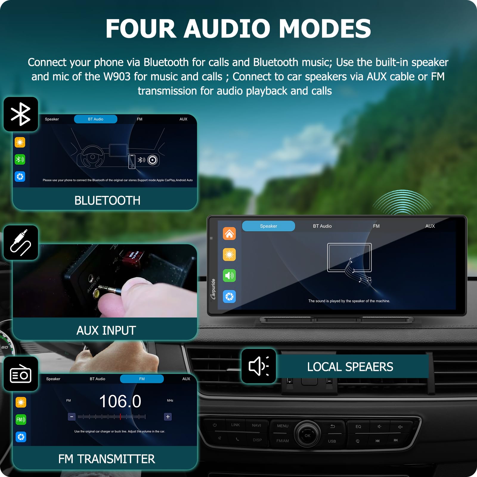 2024 CARPURIDE W903 Portable Carplay & Android Auto with Dash Cam - 9.3" HD IPS Screen, 4K Front &1080P Rear Cam, Loop Recording, Bluetooth, Mirror Link, GPS, Siri, Dashboard Mounted