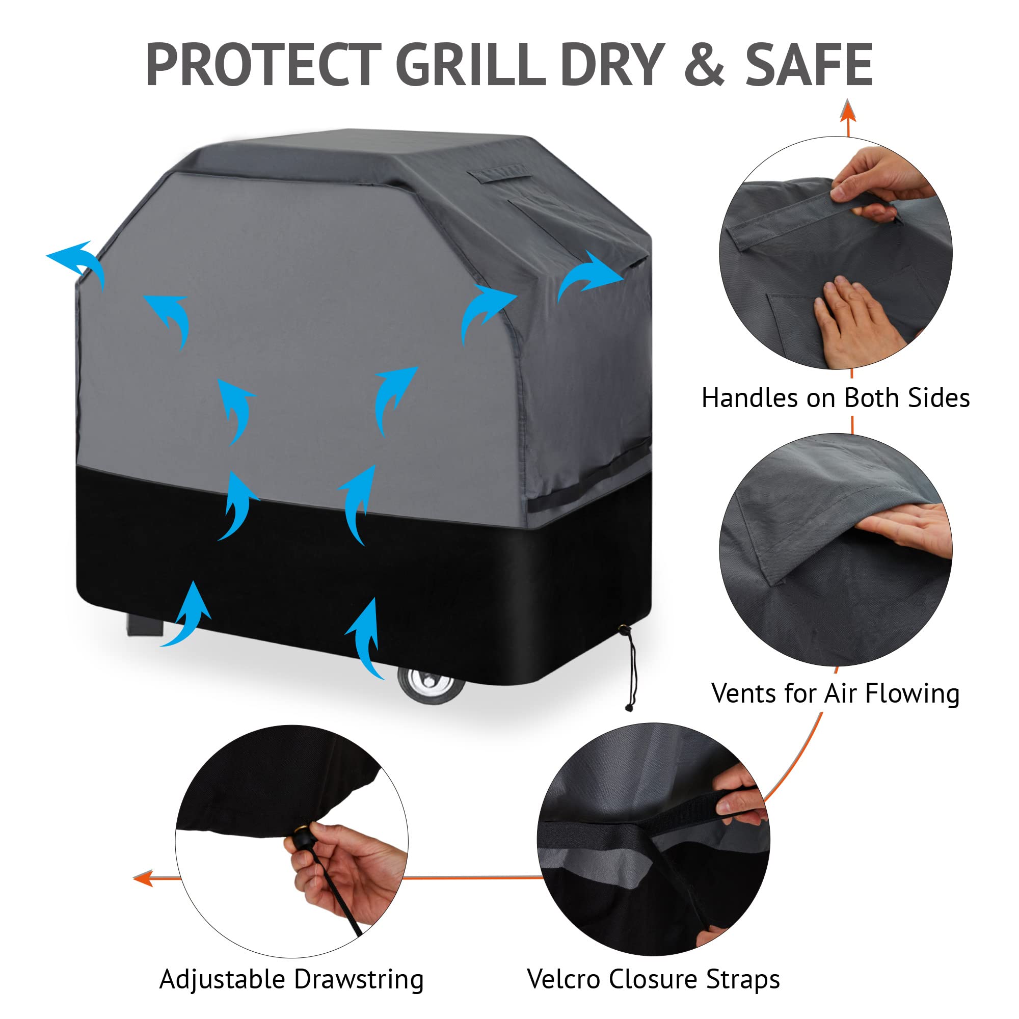Waykea Heavy Duty Grill Cover 61 Inch, 600D Oxford Water Resistant UV & Fade Resistant BBQ Cover for Weber Char-Broil Dyna Glo Nexgrill Charcoal Gas Grill (61”W x 26”D x 45”H, Gray/Black)