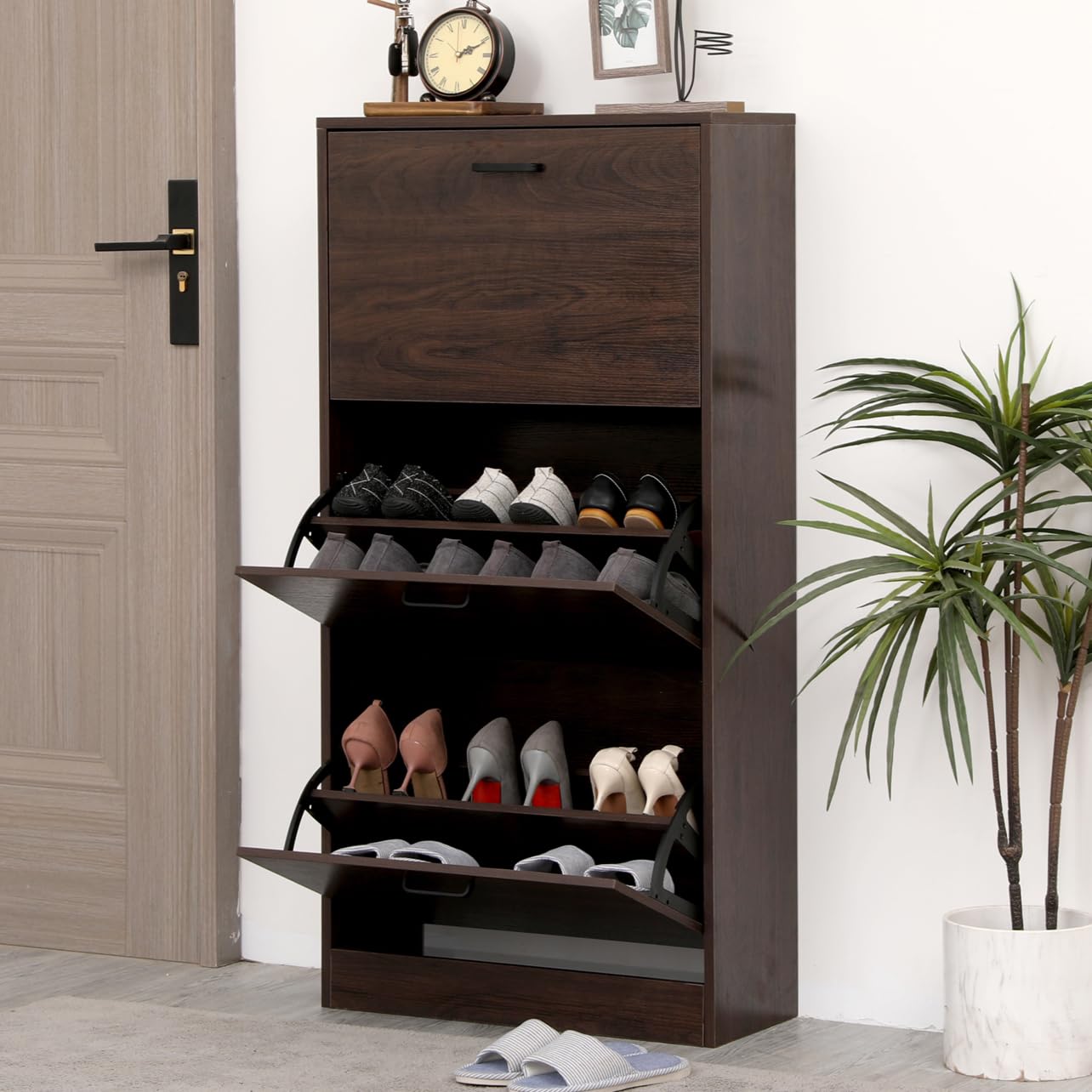 KUMIUNION Shoe Storage Cabinet with 3 Flip Drawers, Freestanding Storage Racks for Entryway Hidden Narrow Shoe Organizers Perfect for Heels, Boots, Slippers, Walnut Brown