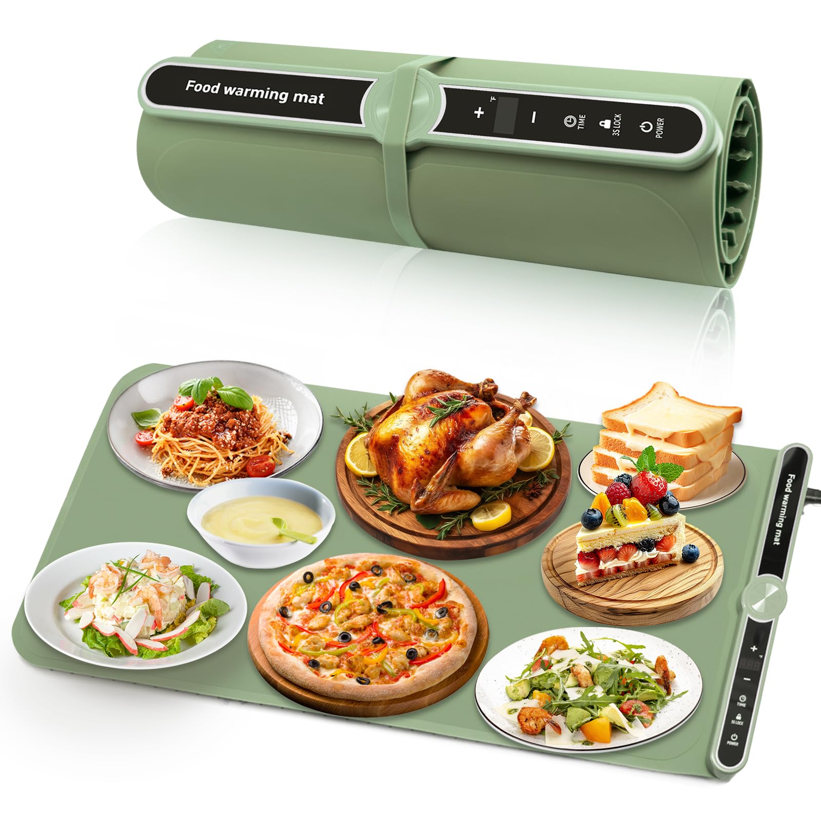 Food Warming Mat, Electric Warming Tray, 9 Heat Settings, Full Surface Heating, Rollable & Portable, Premium Silicone Nano-Material, Easy to Clean, Ideal for Parties, Buffets, and Daily Use (Green)
