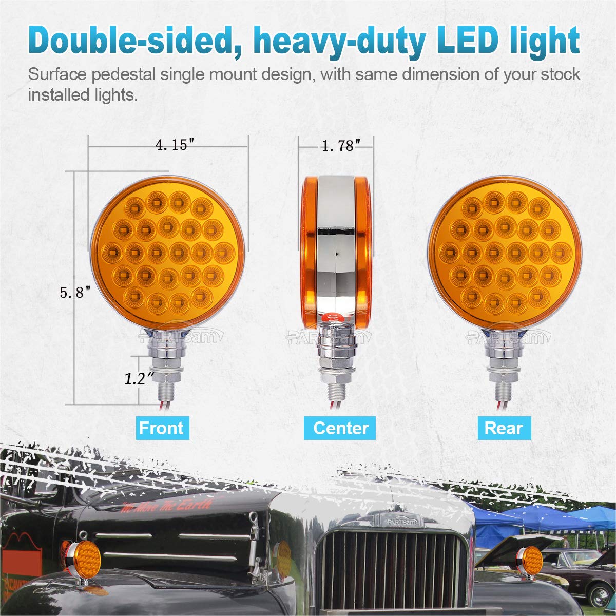 Partsam 2pcs Round Double Face Amber 48LED Pedestal Fender Rear Turn Signal Parking Lights Post Mount, Dual-face Led Marker Trailer Lights Replacement for Heavy-duty Trucks, 10-30V